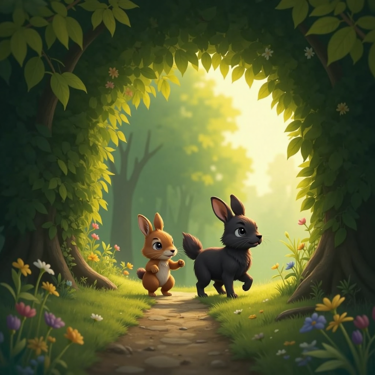 Within a shadowed tunnel of bushes, Rabbit pauses mid-hop, one paw raised, guiding Lia toward a narrow path. Gentle evening glow filters through leaves, illuminating Rabbit’s curious eyes and Lia’s ears tilted forward in trust.