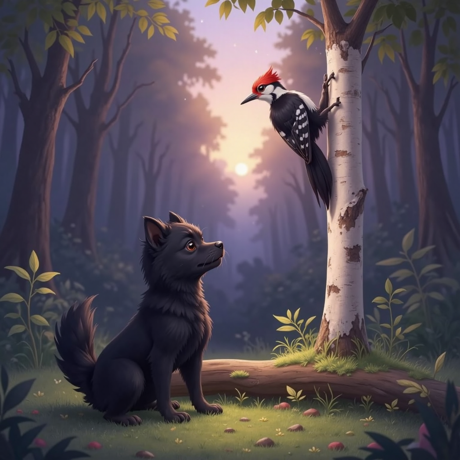 Near a fallen log at dusk, the red-capped wookpecker clings to a pale birch above Lia. Cool violet light washes the scene as wookpecker’s beak touches the bark and Lia looks up, tail still.