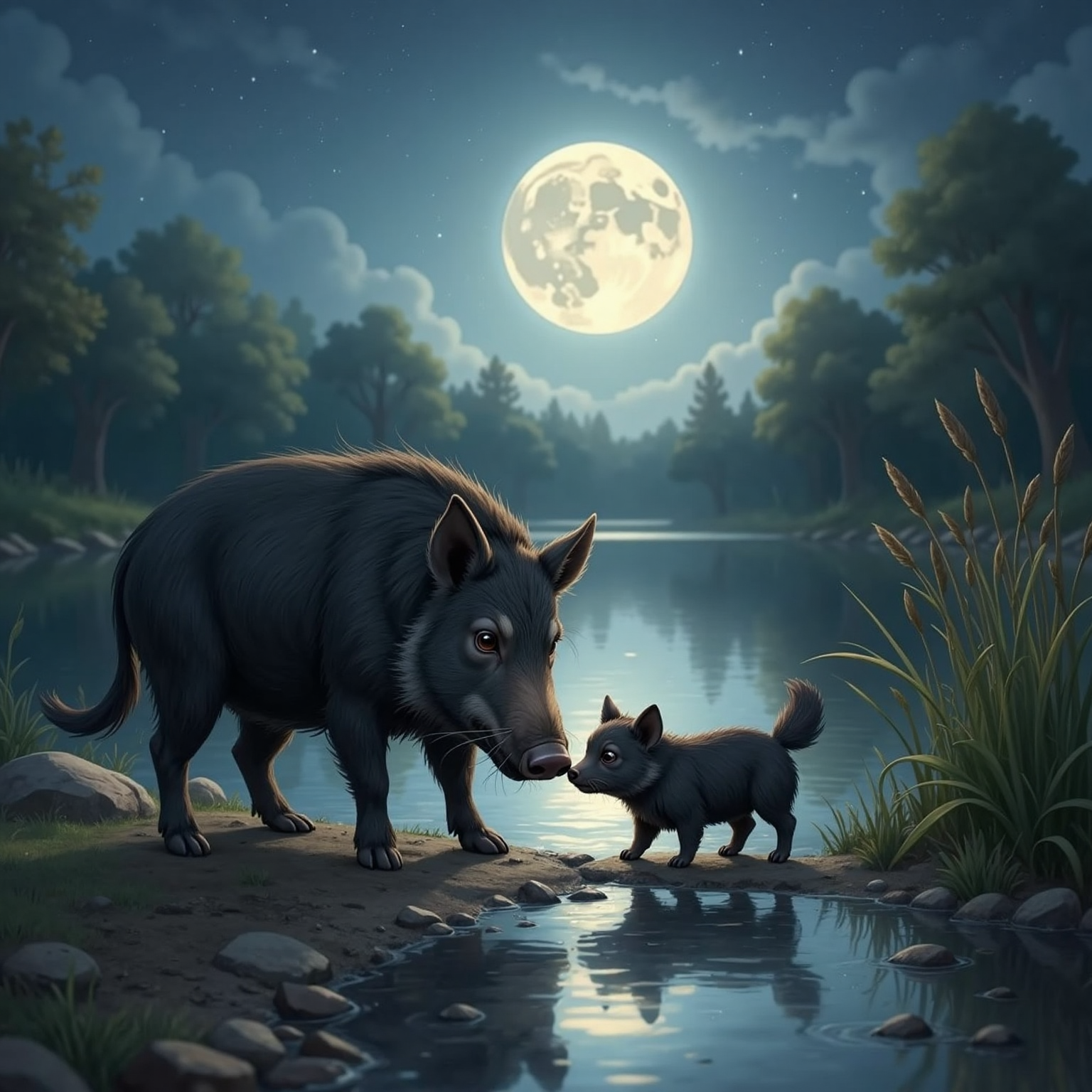 On a moonlit riverbank, the kind wild boar stands nose-to-ground, demonstrating a deep sniff while Lia imitates him beside a patch of reeds. Silver reflections ripple across the water, highlighting their friendly, focused expressions.