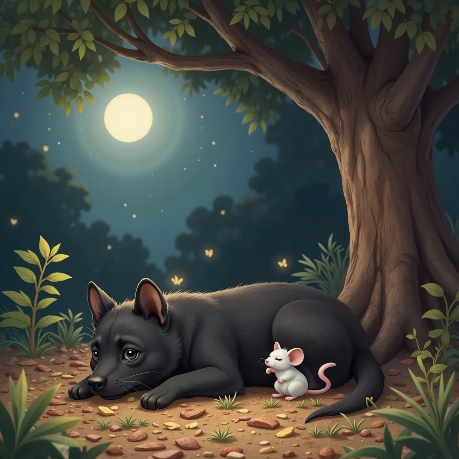 Beneath a low pine at night, Lia lies on dry leaves, eyes half-closed. mouse sits near her nose, a gentle smile on his face, while another identical mouse curls beside him under silver moonlight.