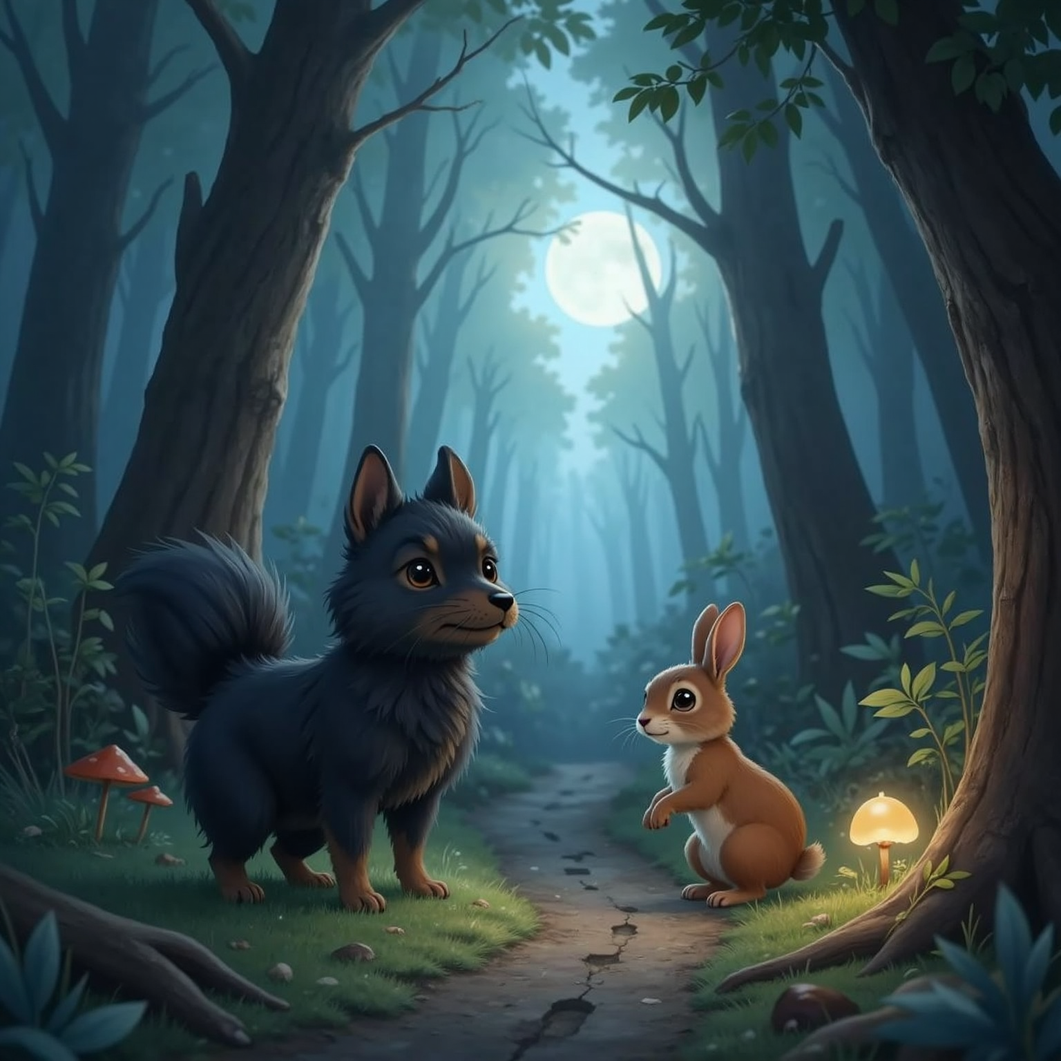 Along a moonlit forest path, Rabbit stands on hind legs beside Lia, pointing his nose toward faint footprints in the soft soil. Cool blue moonbeams highlight fallen twigs forming a subtle trail onward.