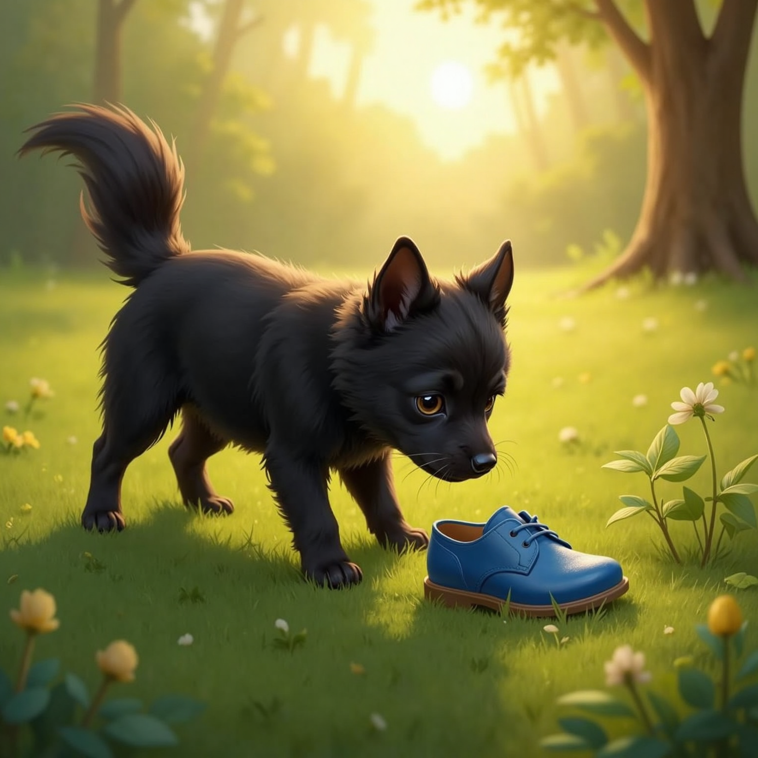 In a dew-bright clearing at sunrise, Lia sniffs a small blue shoe lying among clover. Golden rays backlight her wagging tail and shimmer off the damp leather, capturing her sudden surge of hope.