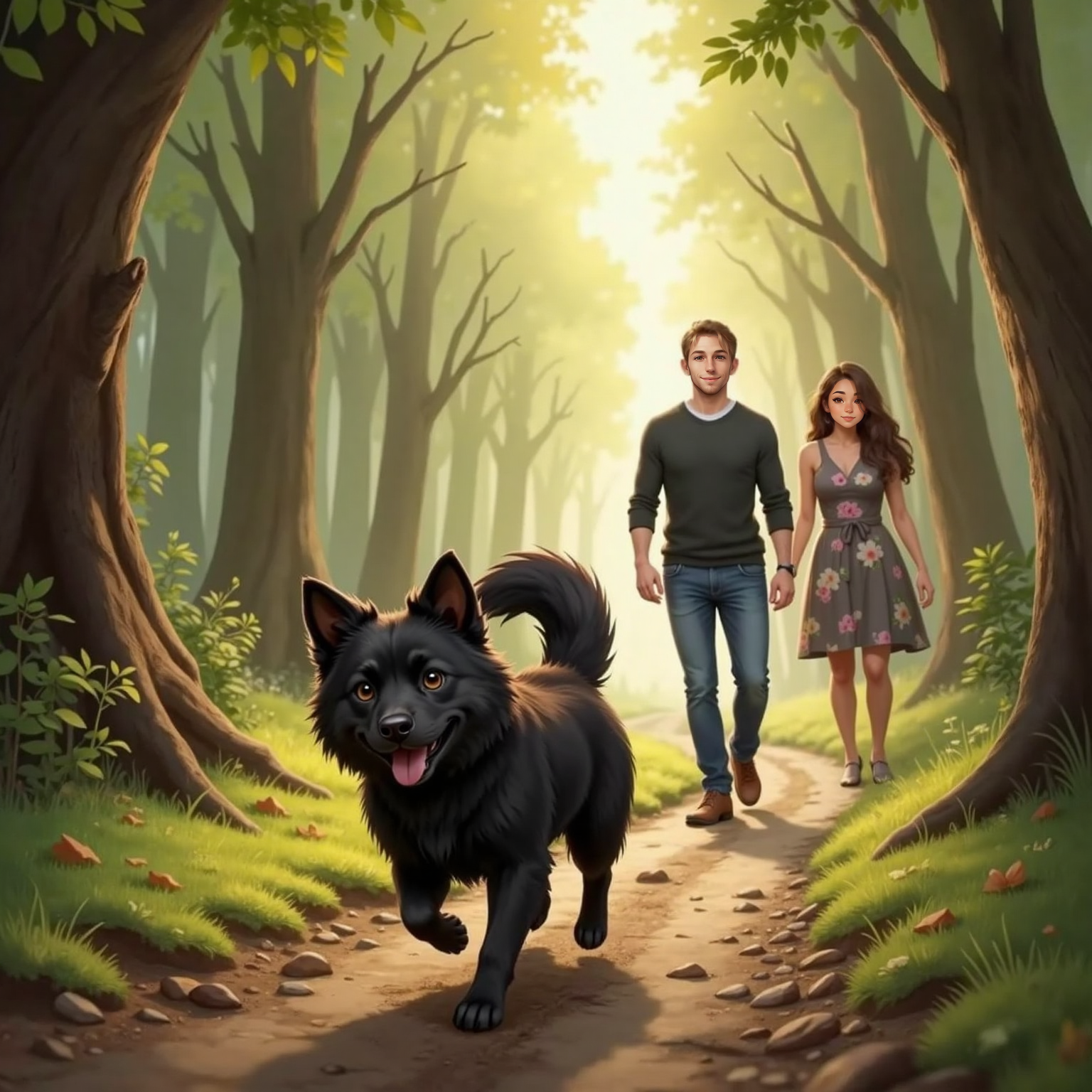 On a sun-dappled trail, Lia bounds forward, nose low, as faint figures of Owner male and owner female appear in the bright distance. Late-morning light streaks between trunks, emphasizing her eager, forward-leaning stance.