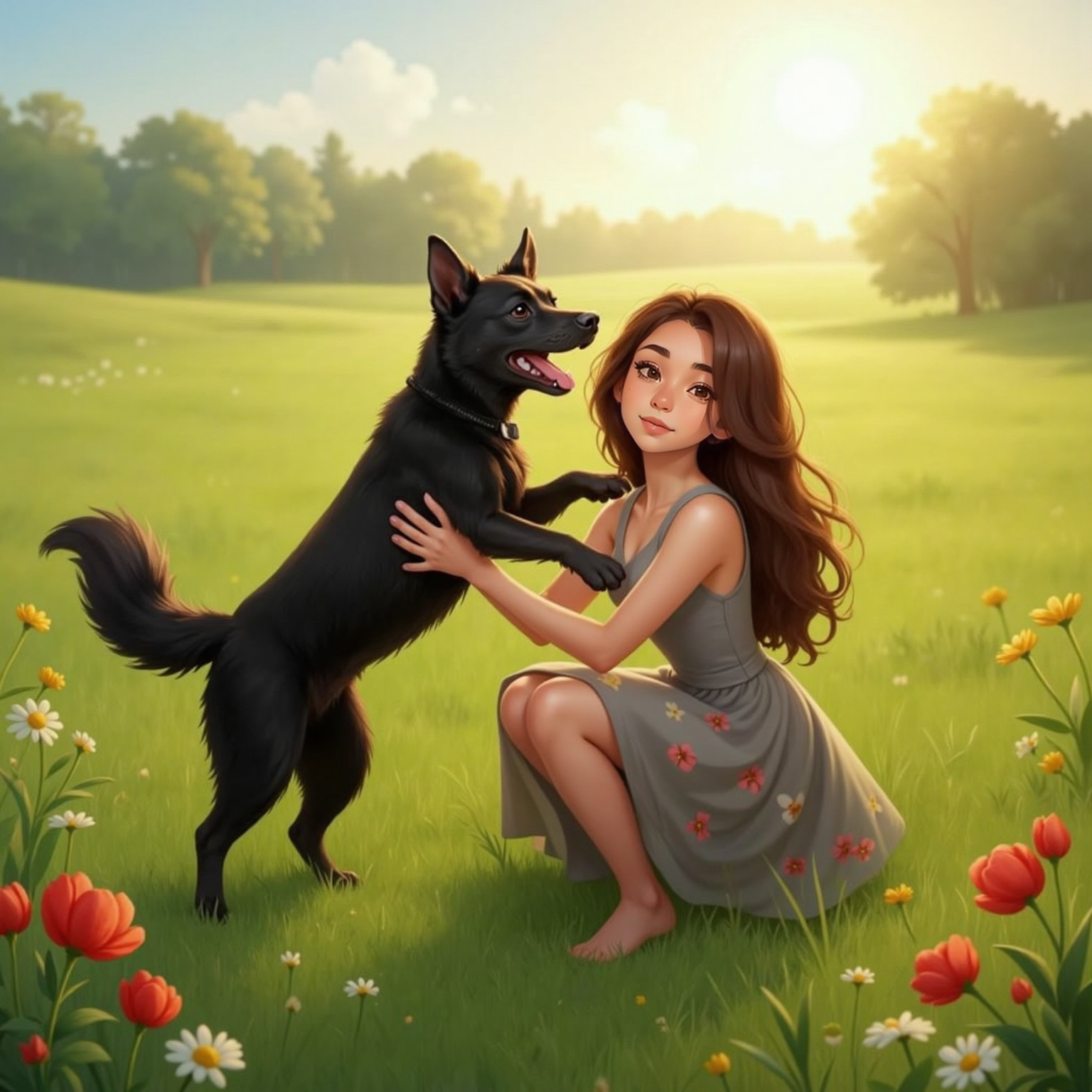 In a grassy meadow glowing with late-morning sun, Lia leaps into Owner male’s open arms while owner female kneels beside them, laughing. Warm light catches Lia’s wagging tail and the owners’ relieved smiles in a tight embrace.