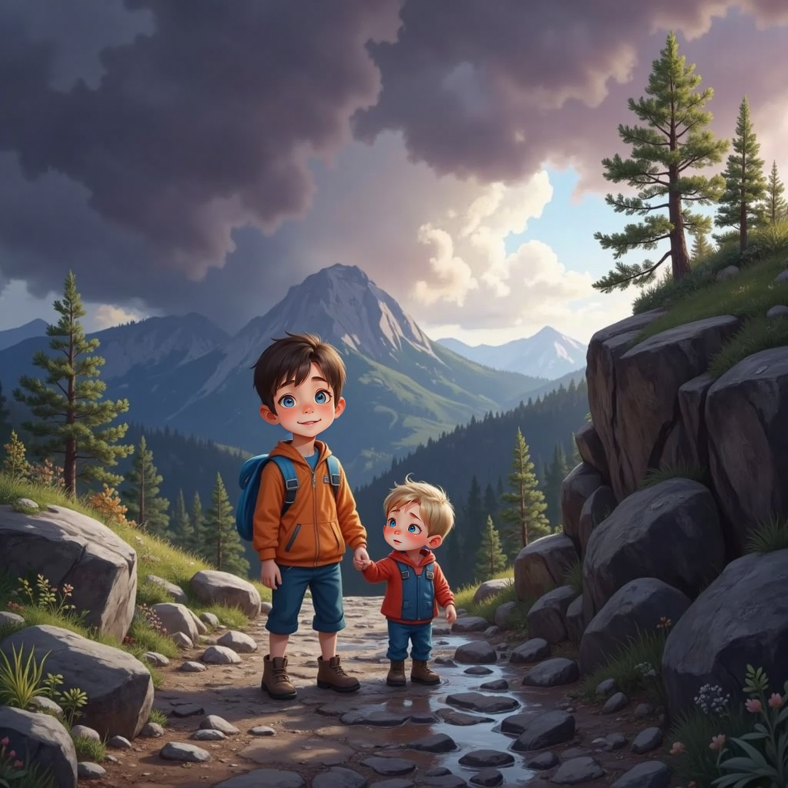 On a slippery mountain trail, afternoon skies darken with storm clouds as Max grips Sam's hand; both boys wear backpacks, rain beginning to speckle the rocky path.