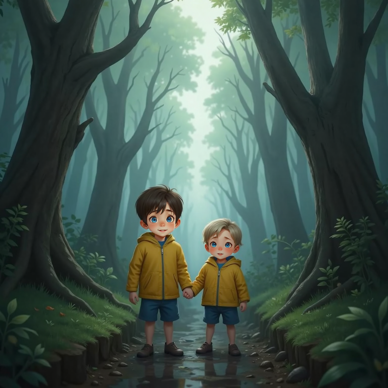 Inside dense forest fog at dusk, Max stands alert clutching Sam's hand; swirling mist obscures the trail while tree trunks loom like shadows, wind ruffling their rain-damp hair.