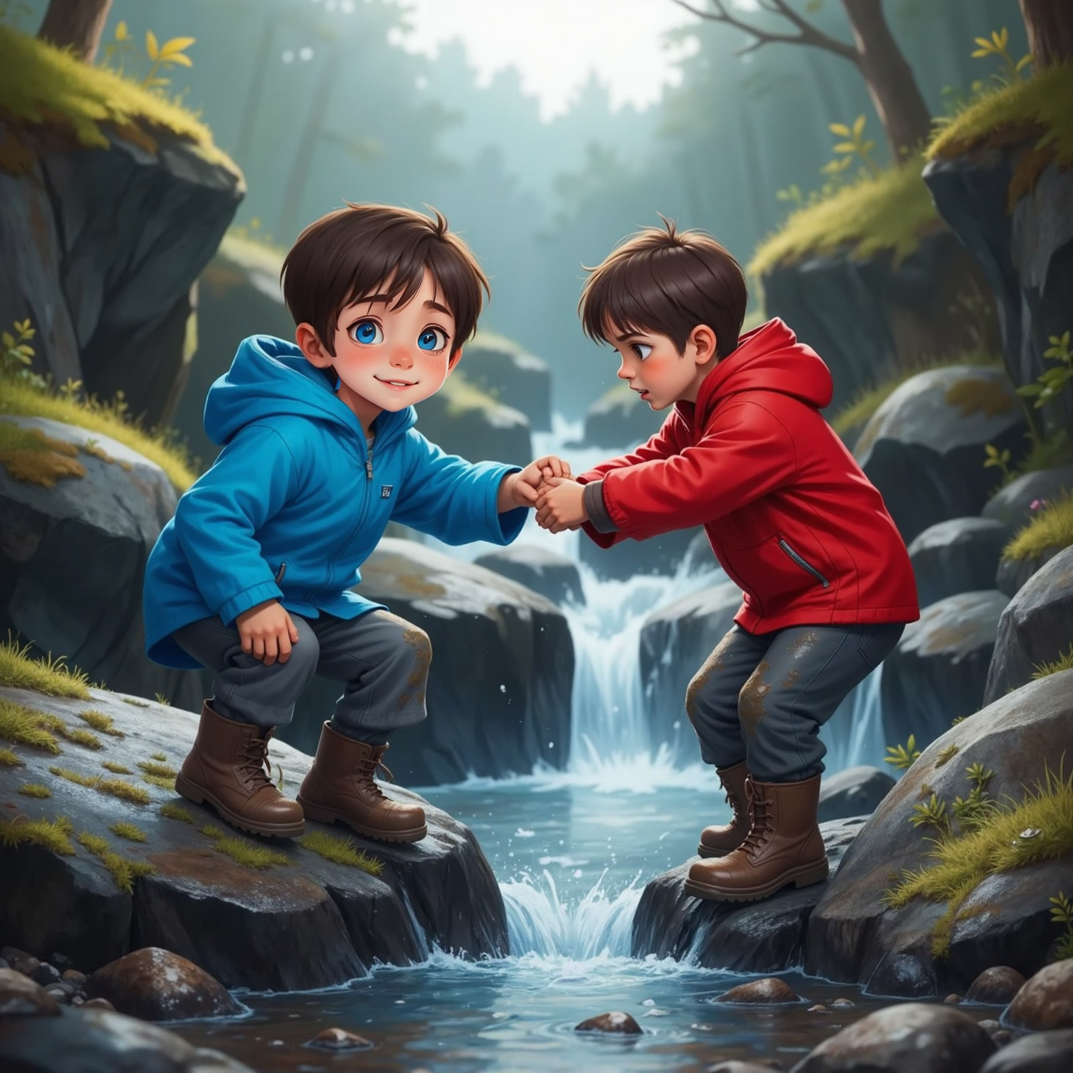 Beside a slick mountain stream, midday light muted by clouds, Max braces on wet boulders to grab Sam’s arm mid-slip; rainwater glistens on stones and their mud-streaked boots.