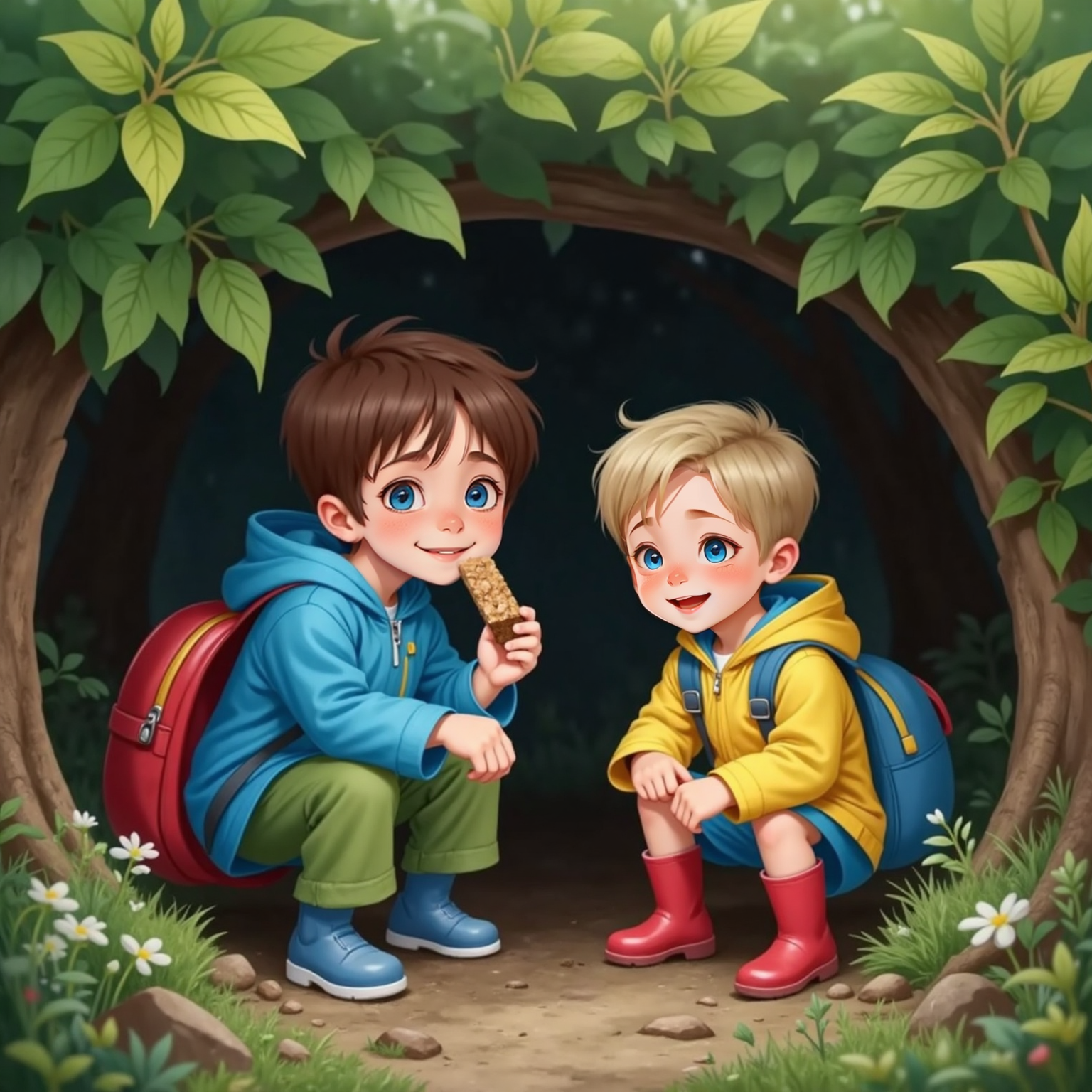 In a low, leafy bush shelter, late afternoon drizzle patters overhead; Sam sits cross-legged giggling, Max crouches beside him sharing a granola bar, backpacks tucked close on damp earth.