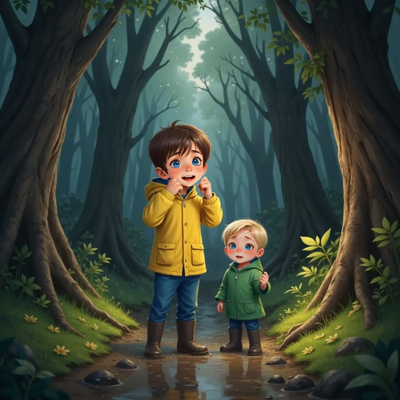 On the rain-dark forest path, evening light fading, Max cups hands to his mouth shouting "Help!", Sam at his side eyes wide, wet leaves glistening around them.