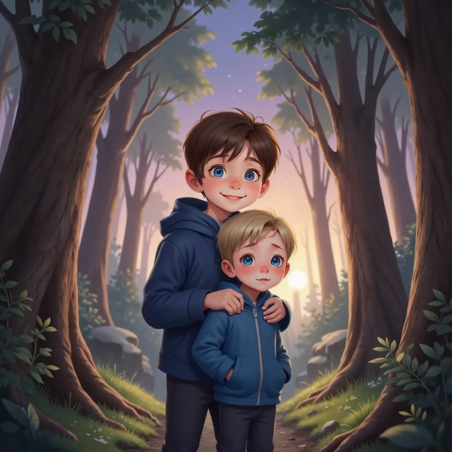 Under swaying pine branches at twilight, Max drapes his blue jacket around shivering Sam; chilly wind ripples the fabric while faint mist curls between tree trunks.