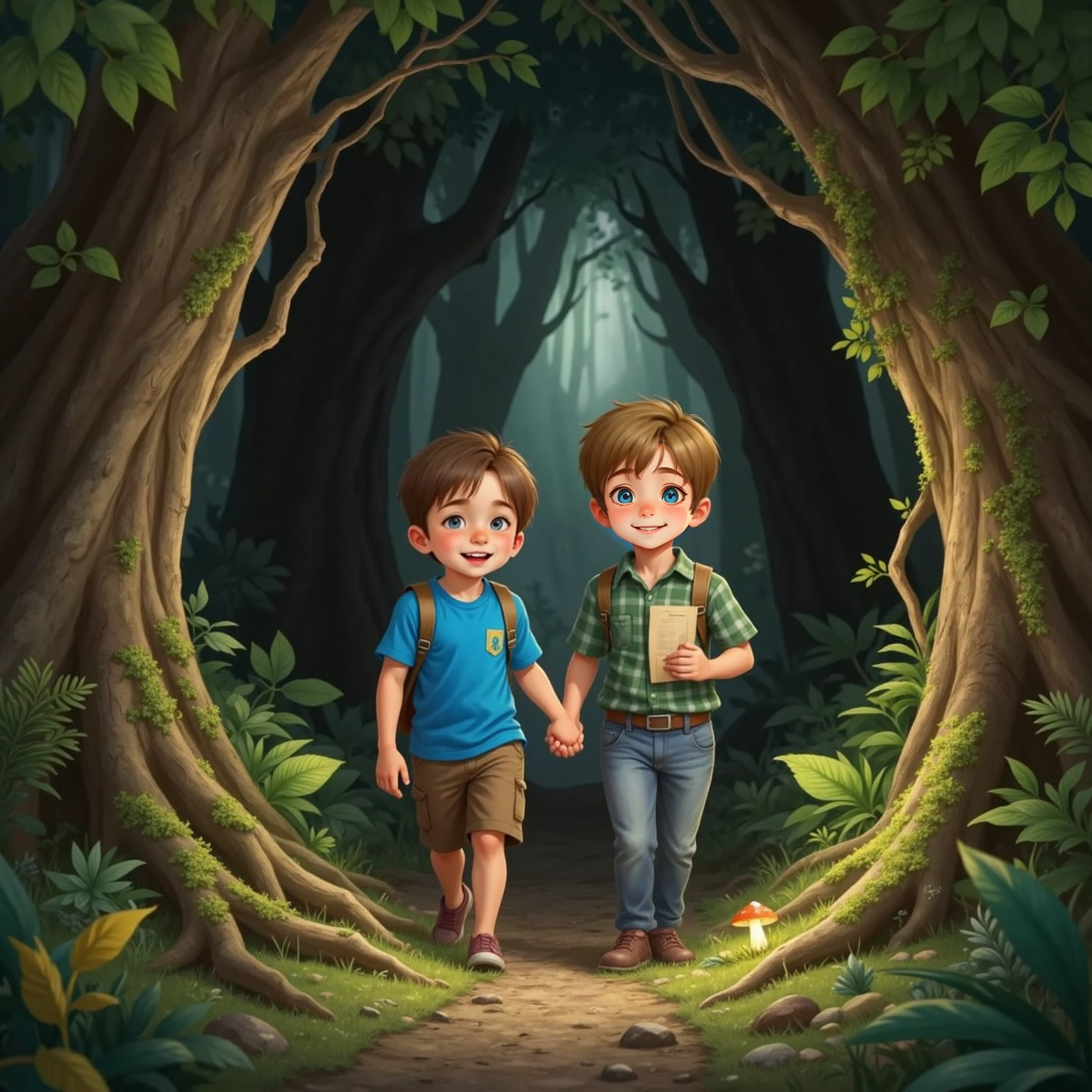Along a narrow forest corridor lit by dim overcast daylight, Max strides ahead holding Sam’s hand, both boys stepping over tangled roots toward distant, unseen voices.