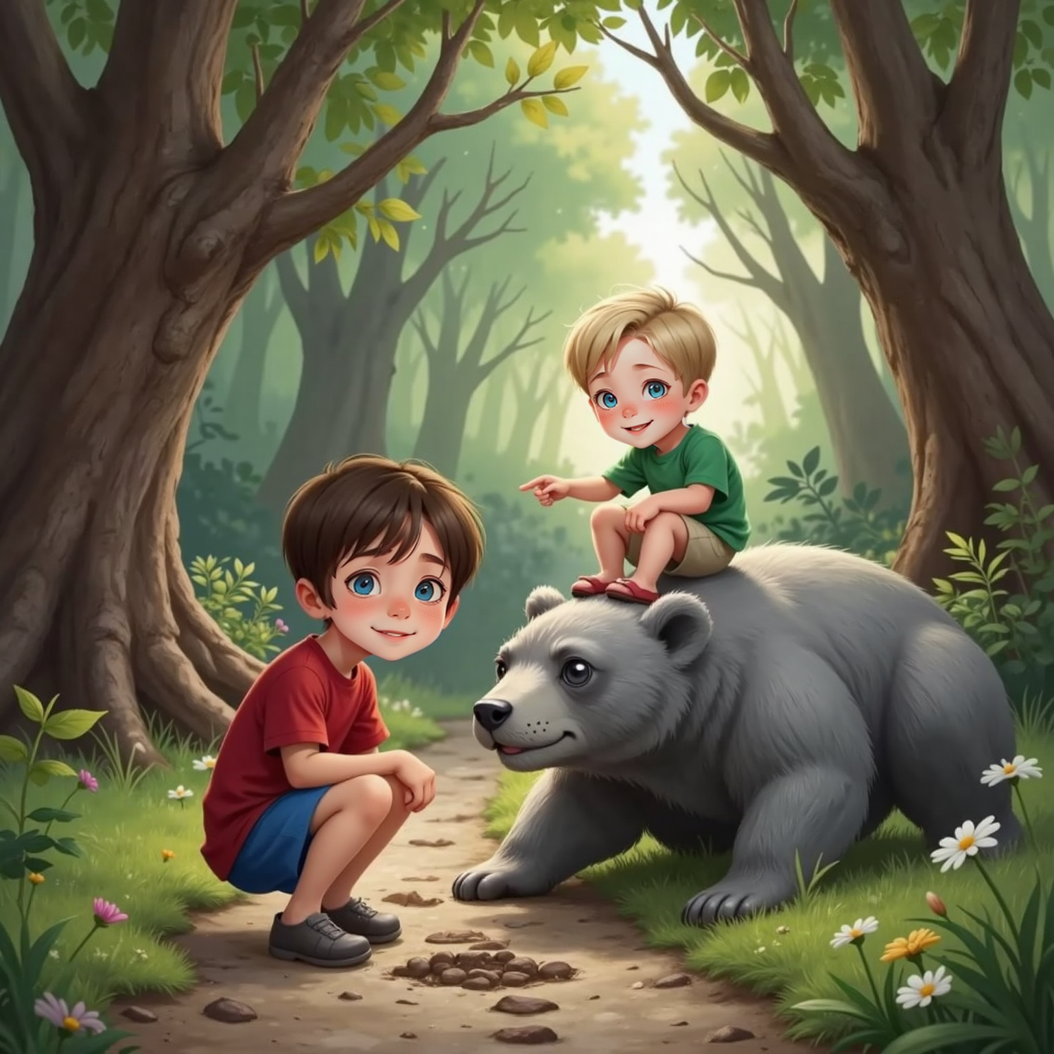 At a bear-shaped boulder beside the trail, grey afternoon light filters through branches; Max crouches studying fresh mud footprints while Sam points excitedly, sitting on the rock with dangling legs.