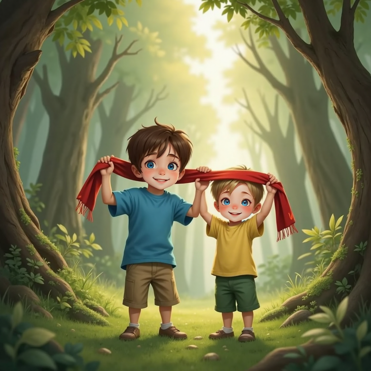 In a clearing bathed in pale evening glow, Max and Sam hold a bright red scarf aloft, waving toward the treeline; wet foliage sparkles around the vivid fabric.