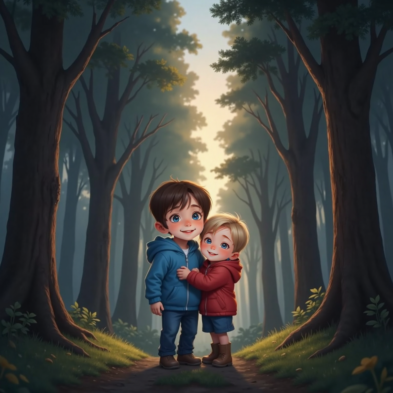 Amid towering firs at dusk, Max and Sam embrace joyfully, turning toward approaching flashlight beams beyond the trunks; humid ground fog shimmers in the light.