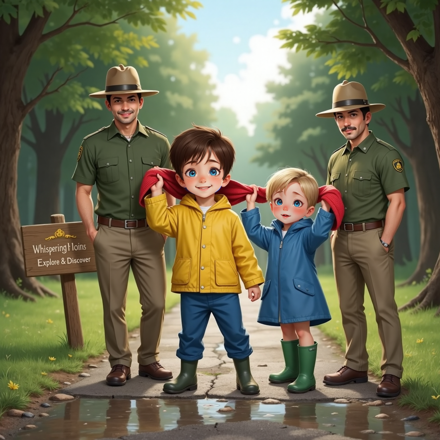 On a wide park trail under clearing skies, two uniformed park rangers smile beside Max and Sam, who display the red scarf; morning sunlight breaks through clouds, illuminating puddles and evergreen branches.