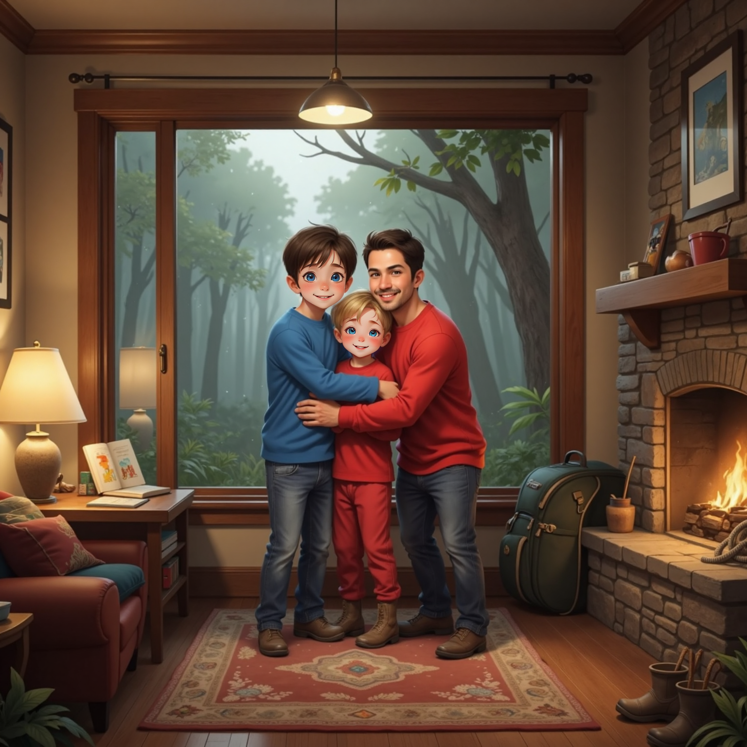 In a cozy living-room lit by warm evening lamplight, Max and Sam stand between their smiling parents on a soft rug, everyone mid-hug beside a rain-speckled window and scattered hiking gear.