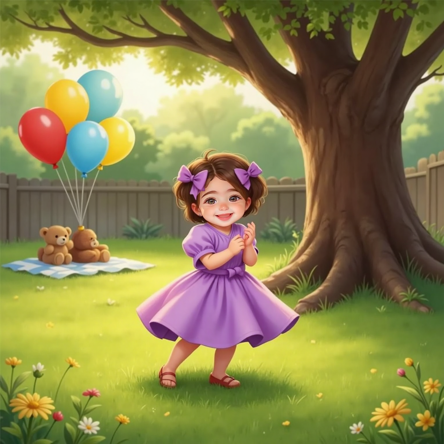 At the backyard oak tree on a sunny afternoon, Violet Rose twirls in her lilac dress beside colorful balloons, clapping gleefully while bows in her curls flutter.