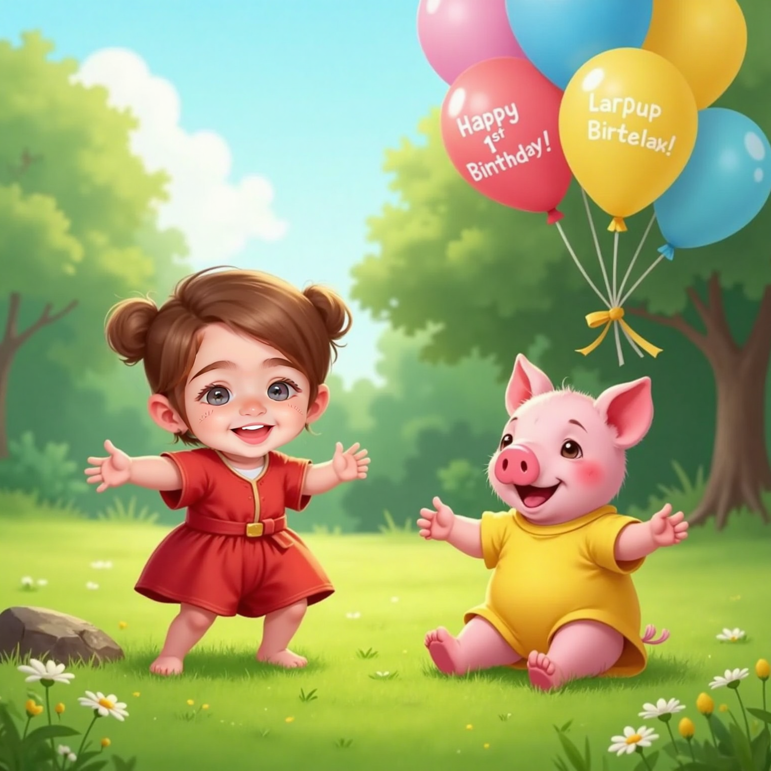 On the grassy lawn in bright midday sun, a friendly cartoon pig wearing a red dress bounces toward Violet Rose, waving and snorting; Violet smiles, arms open beside a cluster of birthday balloons.