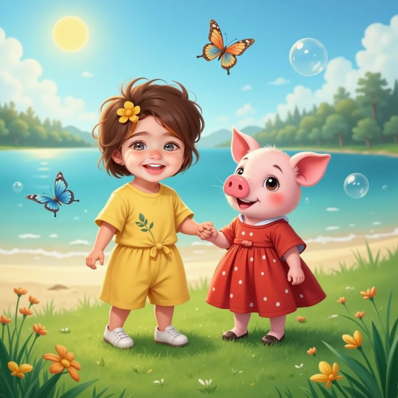 At the sandy lakeshore under clear afternoon light, a friendly cartoon pig wearing a red dress leads Violet Rose by the hand across glittering grass; soap bubbles rise and butterflies flit around their feet.