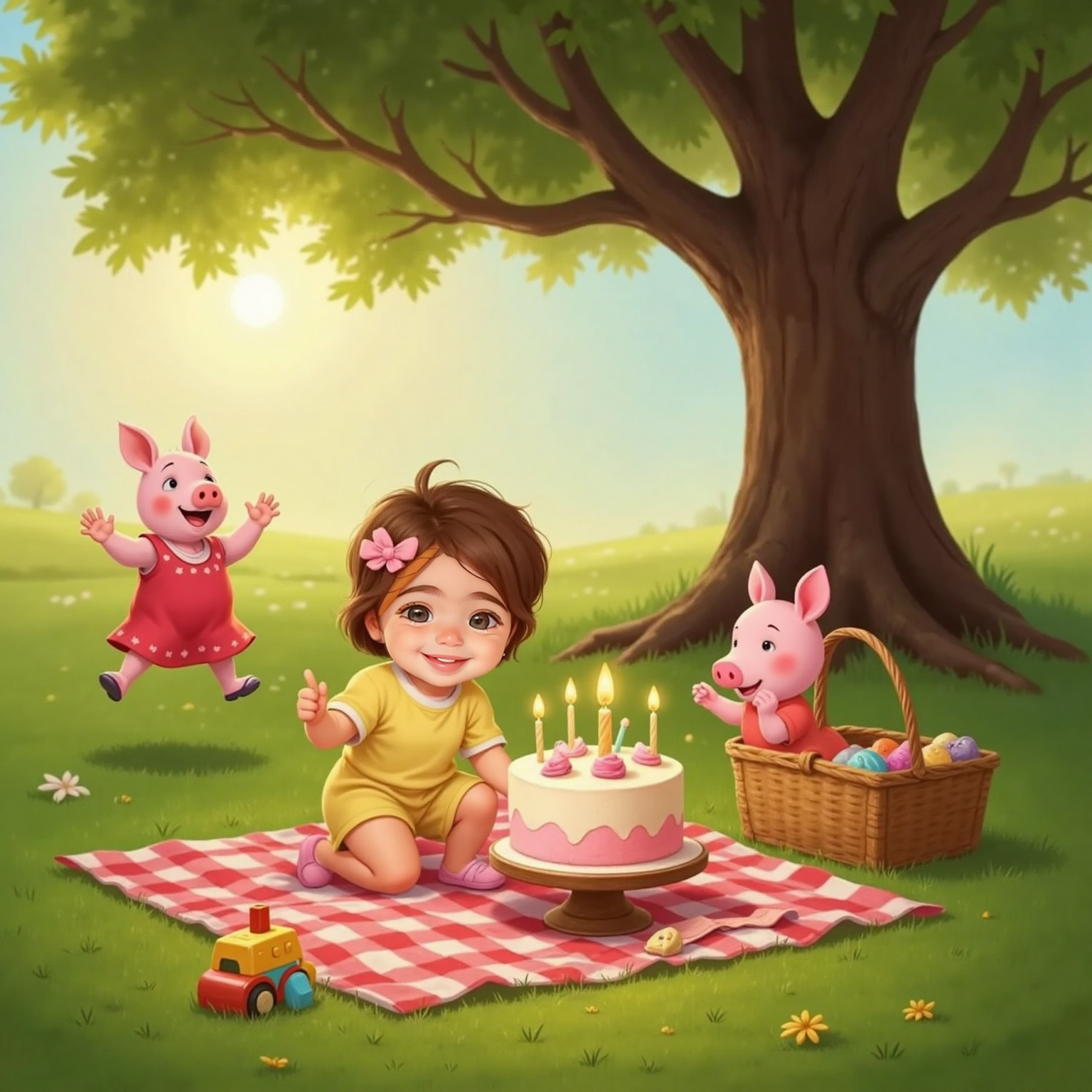 On a picnic blanket beneath a shady tree in late afternoon, Violet Rose kneels before a rose-shaped cake with unlit candles while a friendly cartoon pig wearing a red dress jumps nearby, family hands clapping behind.