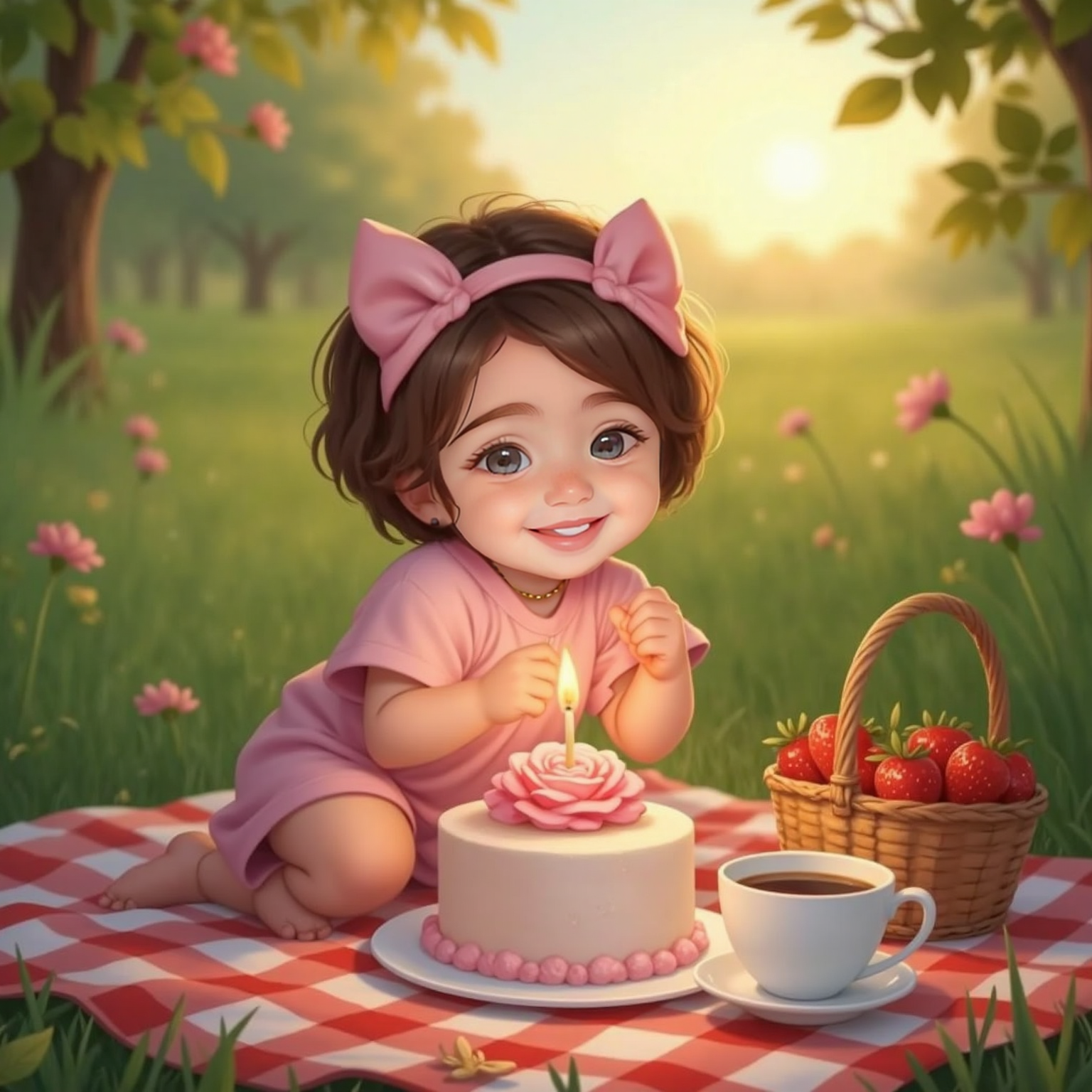 At the picnic blanket in golden sunset glow, Violet Rose leans over the candlelit rose-shaped cake, eyes closed and brow furrowed, tiny fists pressed together while the breeze ruffles her bows.