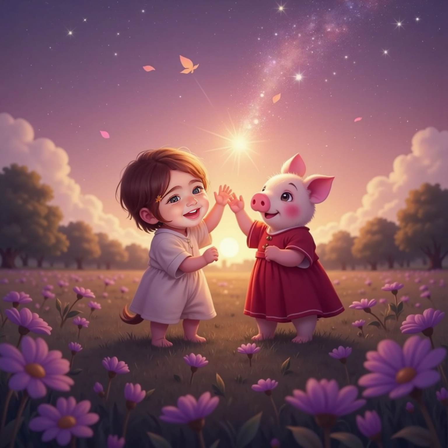 In the open field turning dusky violet, sparkles flare overhead as purple petals tumble around Violet Rose and a friendly cartoon pig wearing a red dress, both laughing with arms raised toward the shimmering sky.