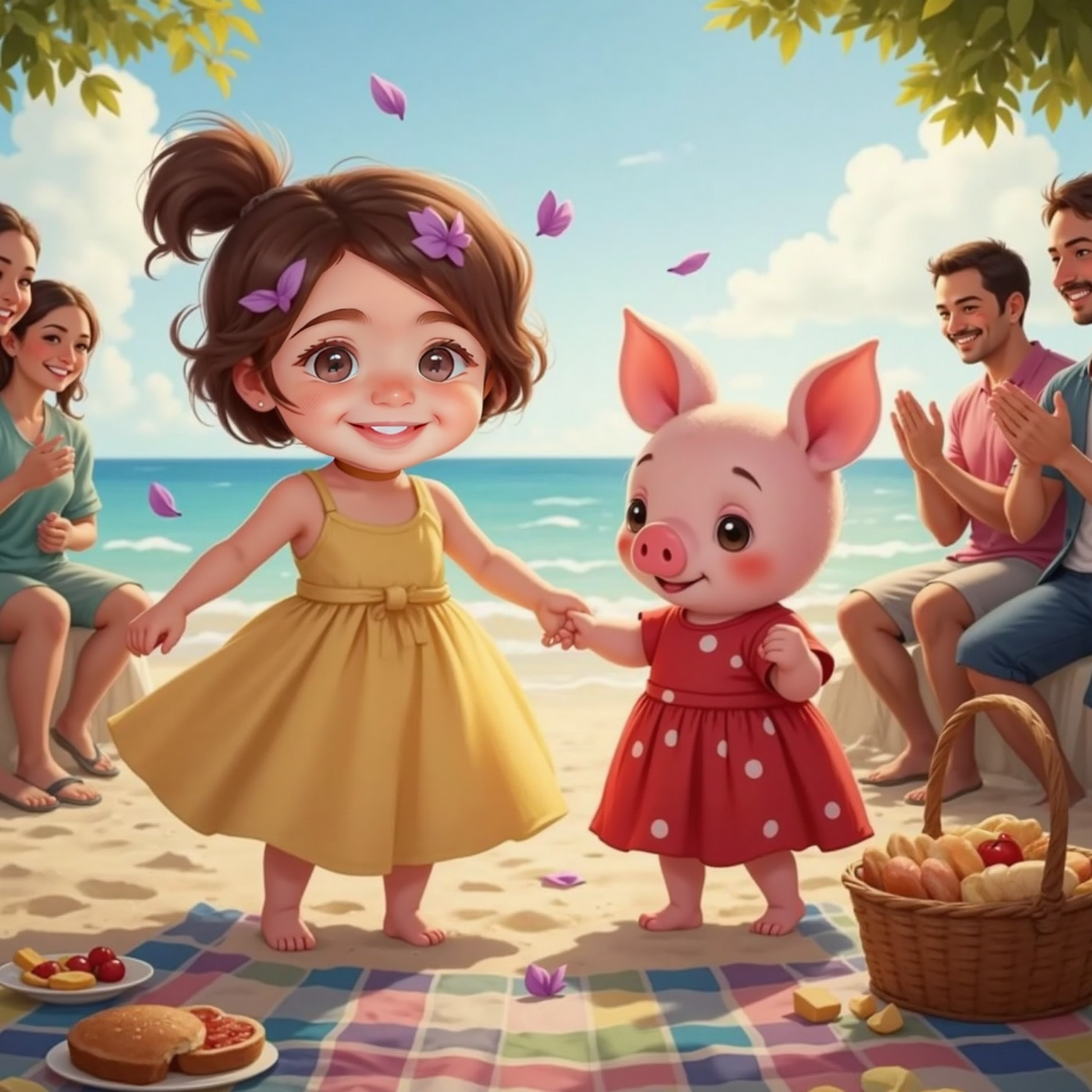 Beside the seaside picnic at twilight, Violet Rose and a friendly cartoon pig wearing a red dress spin amid falling purple petals while nearby guests clap, the sand and blanket sprinkled with delicate blossoms.