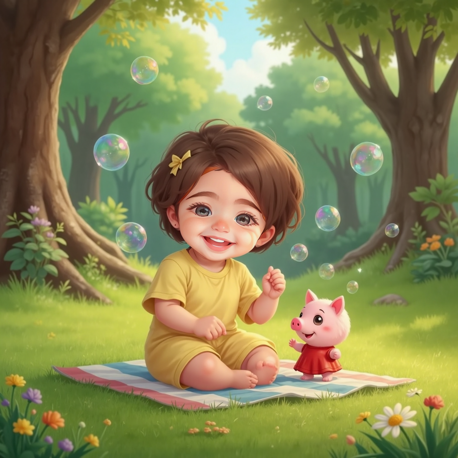 On the sunlit lawn beneath tall trees, bubbles drift overhead as a friendly cartoon pig wearing a red dress catches one mid-sneeze; Violet Rose giggles, fingertip touching a bubble just bursting on her nose.