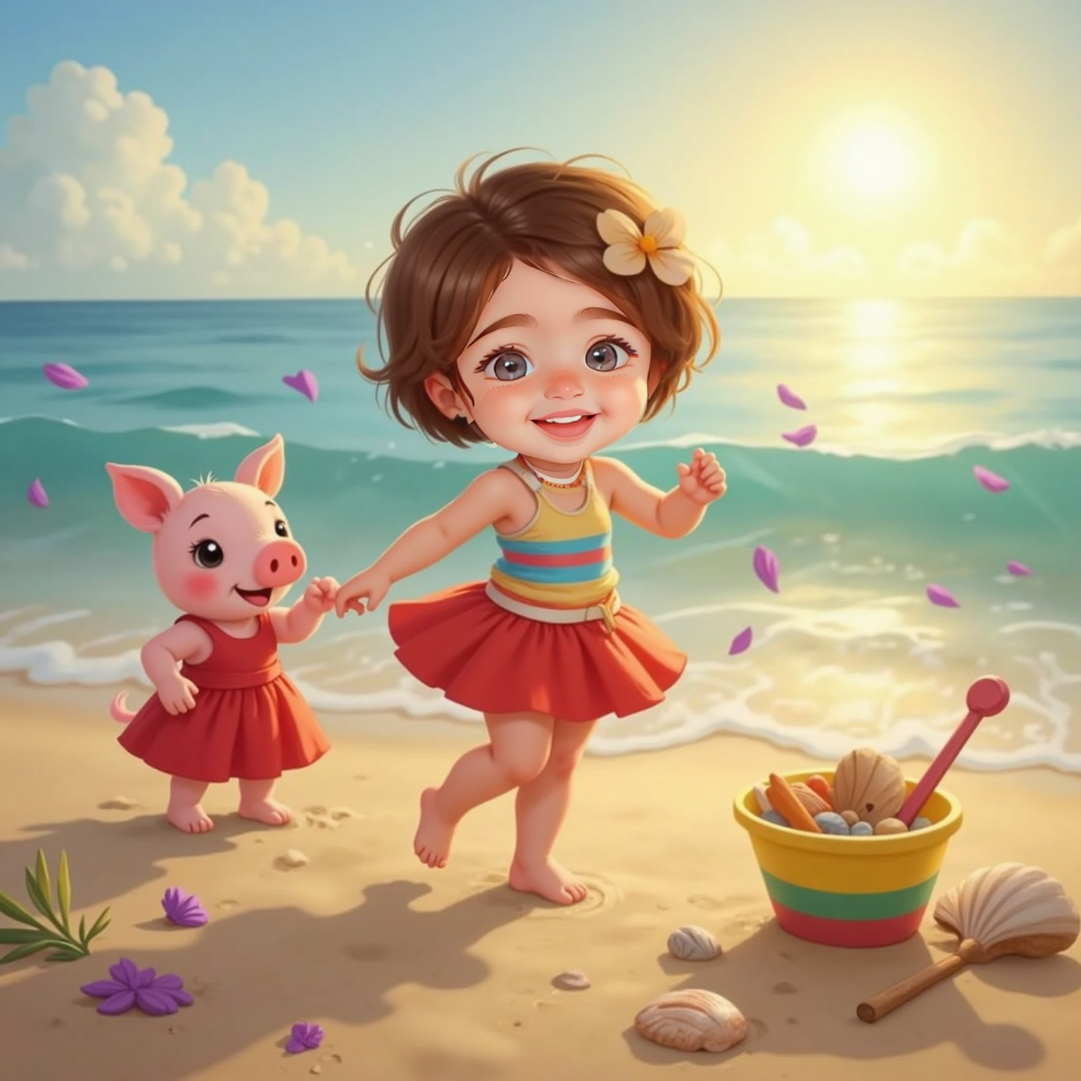 On the soft beach at late afternoon, Violet Rose dances barefoot in a ring of friends while a friendly cartoon pig wearing a red dress twirls beside her; purple petals swirl in the warm seaside breeze.