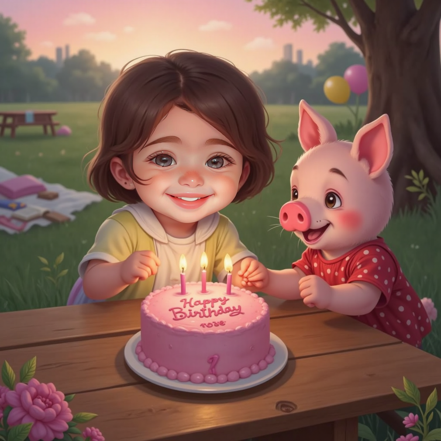 At the picnic table under fading pink sky, candles glow on the rose-shaped cake as a friendly cartoon pig wearing a red dress steadies the plate; Violet Rose takes a frosting-covered bite, cheeks sticky with joy.
