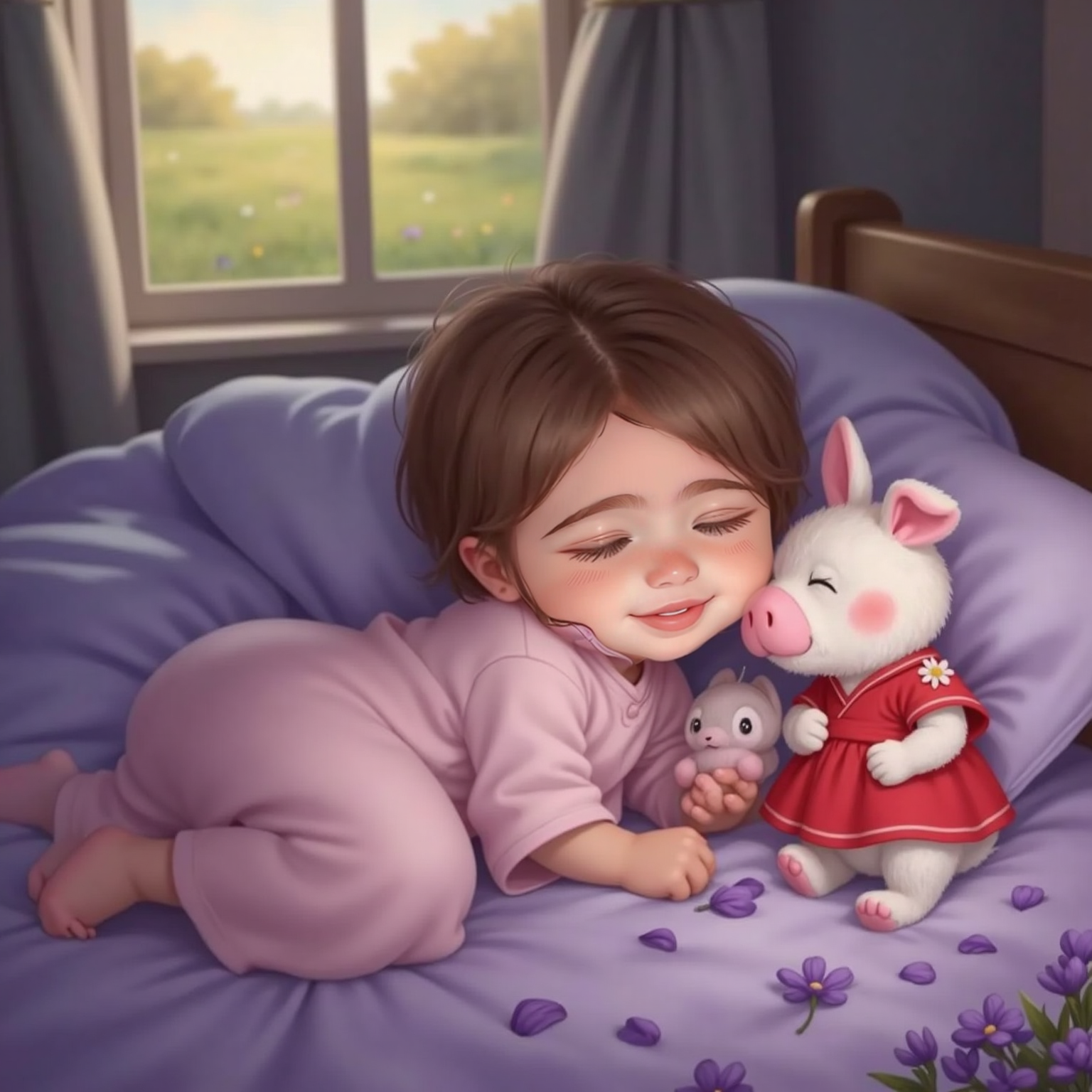 On the quiet blanket at dusk, violet petals shimmer in the dimming light while a friendly cartoon pig wearing a red dress whispers beside Violet Rose, who nestles sleepily with bows loosened around her shoulders.