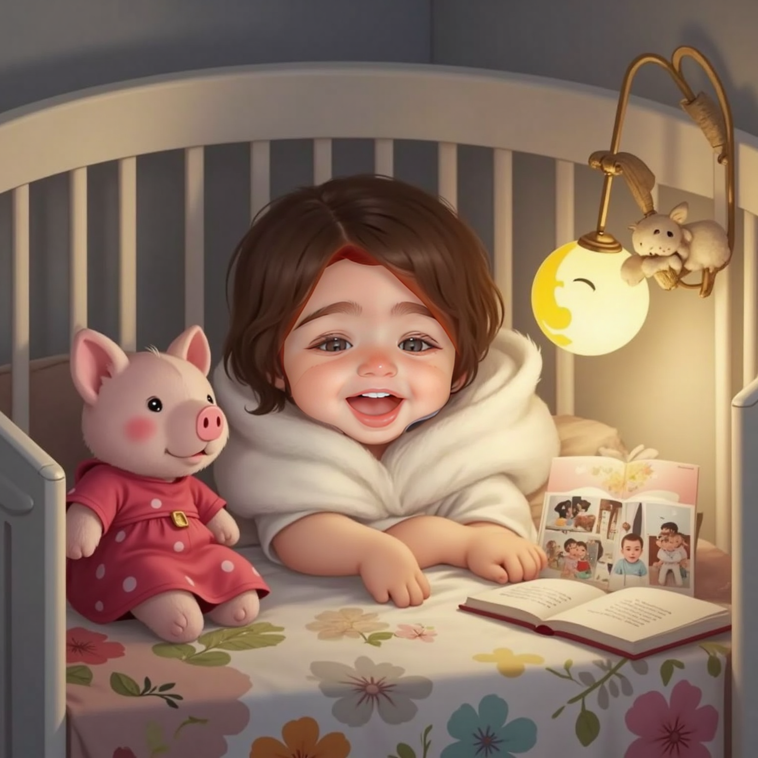 Inside a softly lit nursery at night, Violet Rose yawns and cuddles under a floral quilt, eyes half-closed; a friendly cartoon pig wearing a red dress sits nearby on the rocking chair, guarding birthday memories.