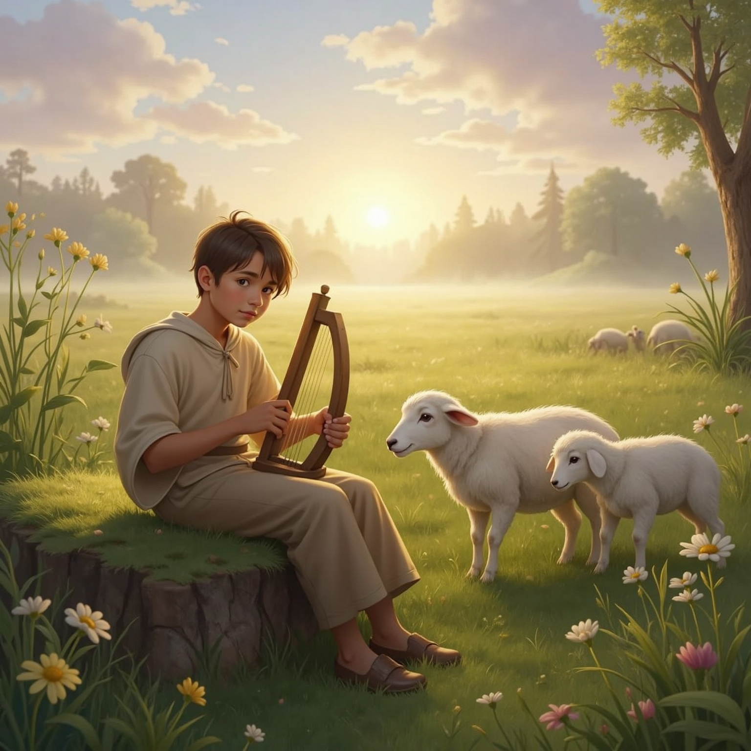 In a dew-sparkled meadow at dawn, the young shepherd boy sits on a rock, humming while cradling a small harp, fluffy sheep grazing peacefully around him under soft golden light.
