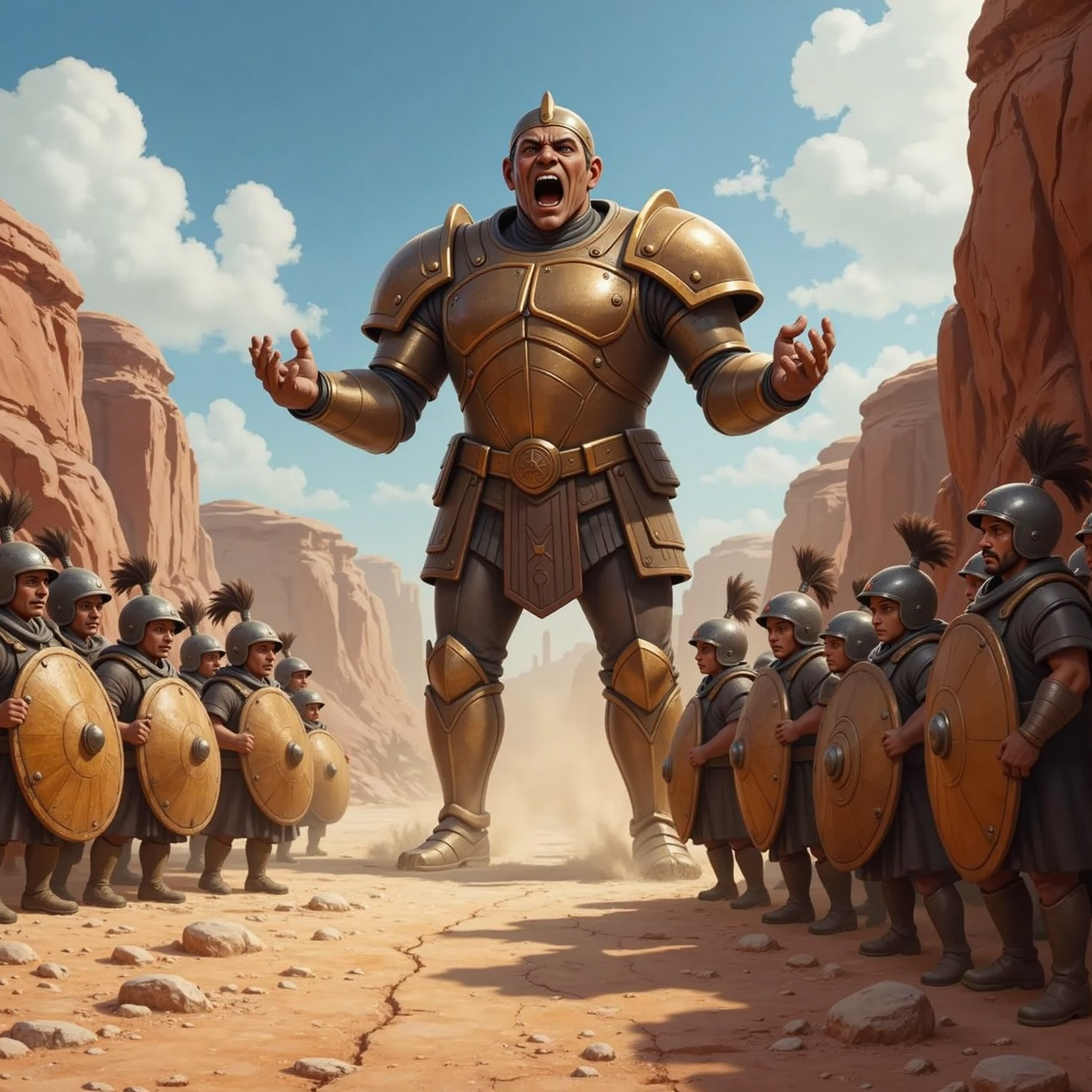 On a dusty valley floor under harsh midday sun, the towering giant in bronze armor roars with arms spread wide, while frightened soldiers in metal helmets cower behind battered shields near distant rocks.