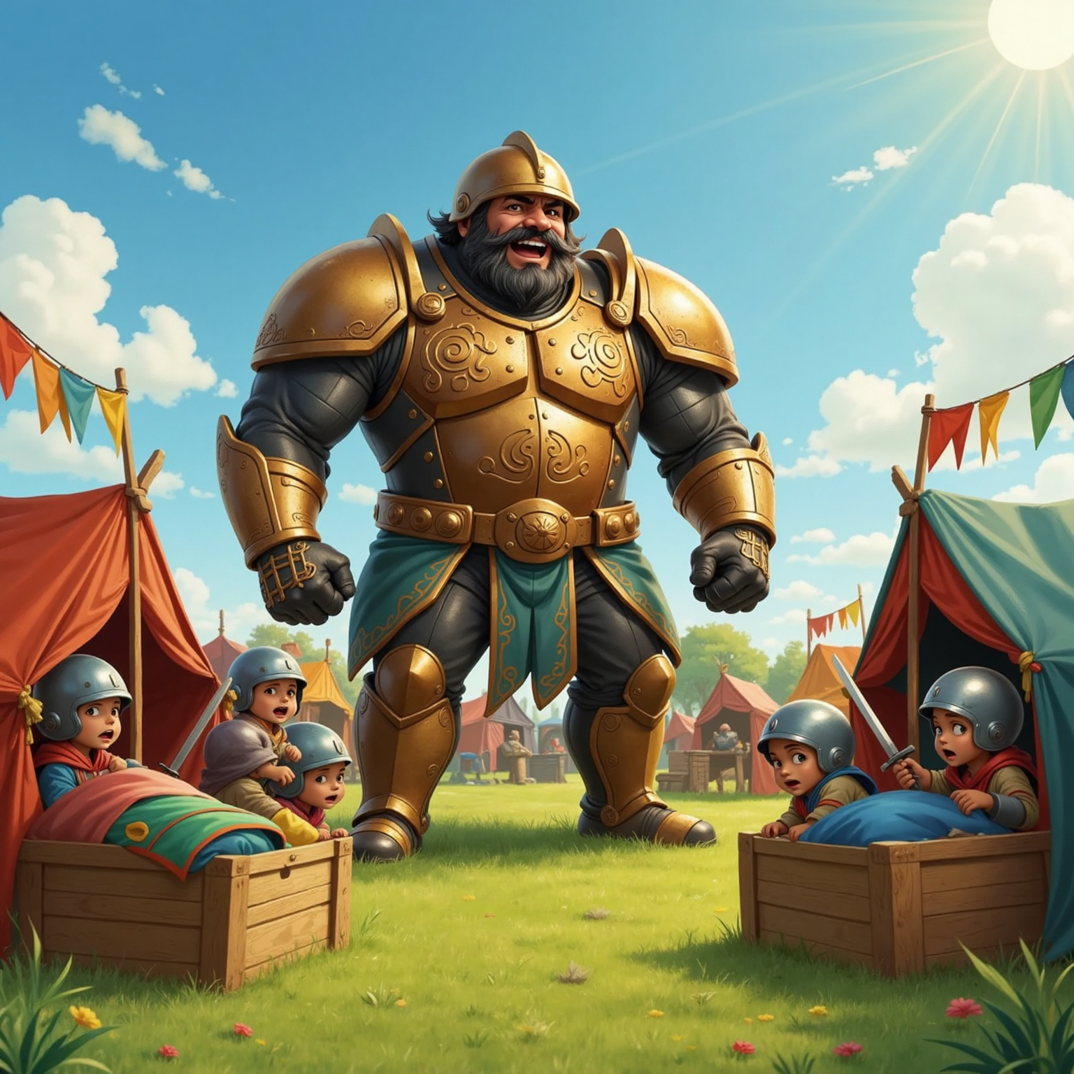 Before the camp’s tattered tents on a bright afternoon, the towering giant in bronze armor pounds his chest and laughs, as frightened soldiers in metal helmets peek from behind stacked crates.