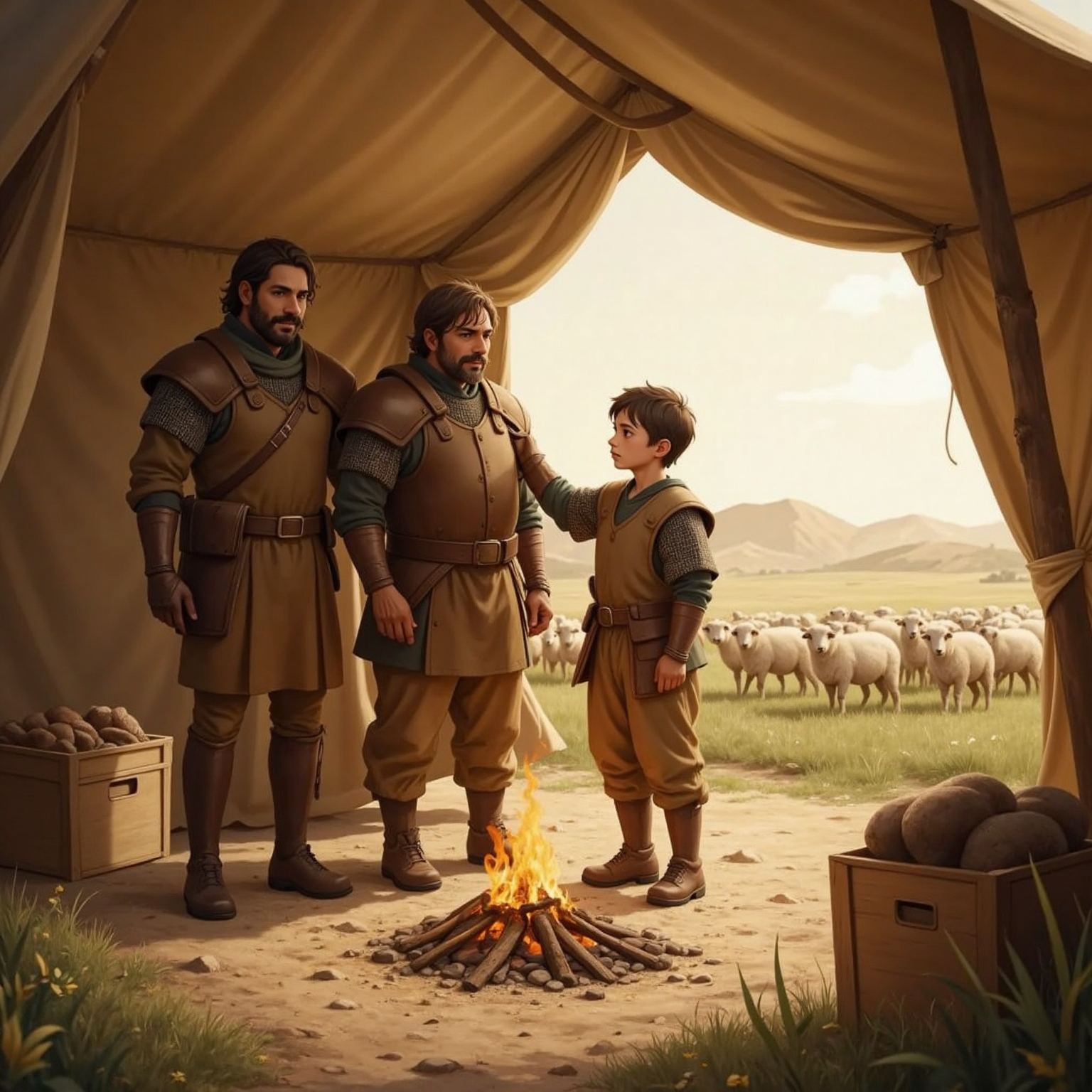 Inside the dusty camp at mid-morning, the young shepherd boy places a reassuring hand on the shoulder of his older brothers in dusty armor, sunlight filtering through hanging canvas.