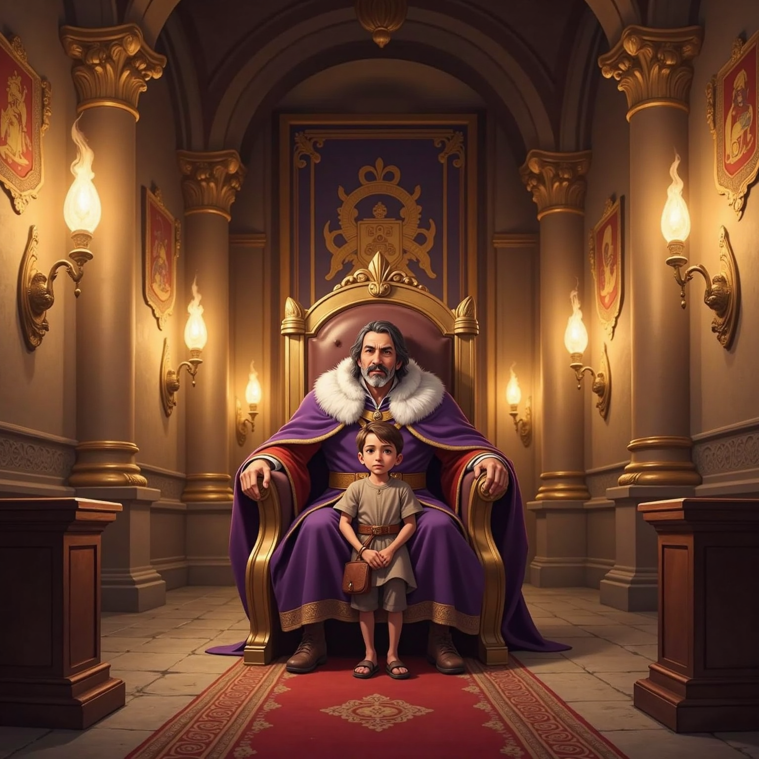 In the torch-lit throne hall at evening, the worried king in royal robes leans forward on a golden throne while the young shepherd boy smiles calmly before him, sling coiled at his waist.