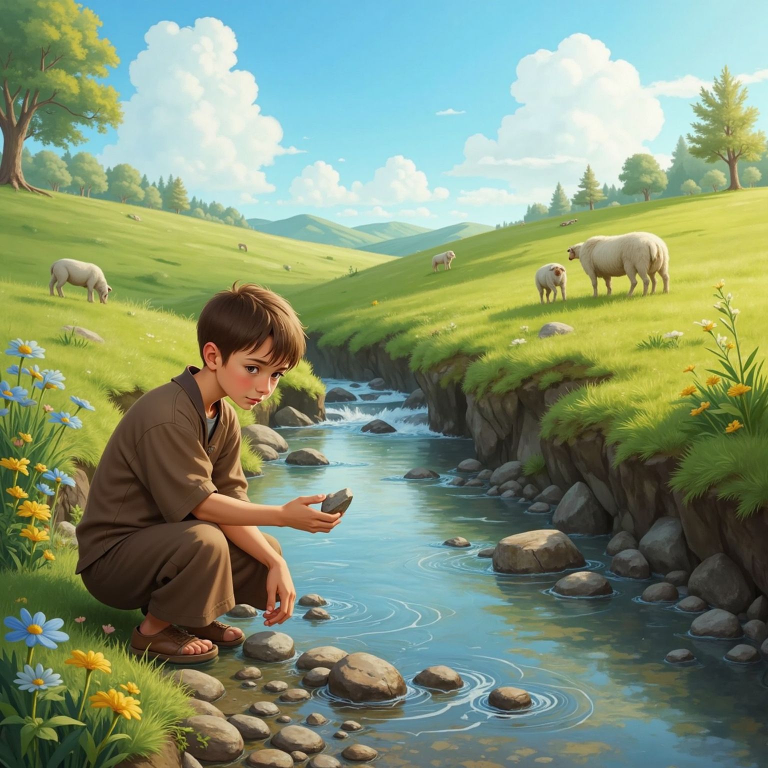Beside a clear brook under bright noon light, the young shepherd boy kneels on smooth pebbles, selecting five round stones with one hand while gripping his leather sling in the other.