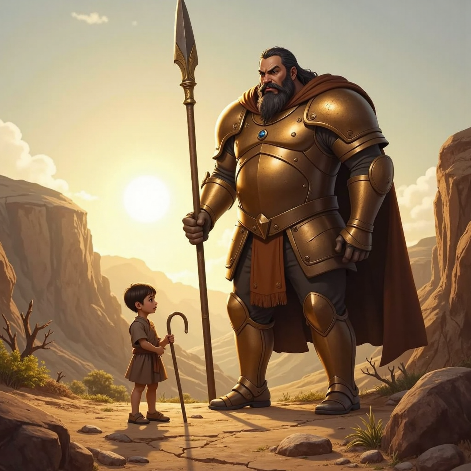 In the sun-bleached valley late afternoon, the towering giant in bronze armor sneers down from behind a huge spear, while the young shepherd boy stands several paces away, eyes closed in silent prayer.