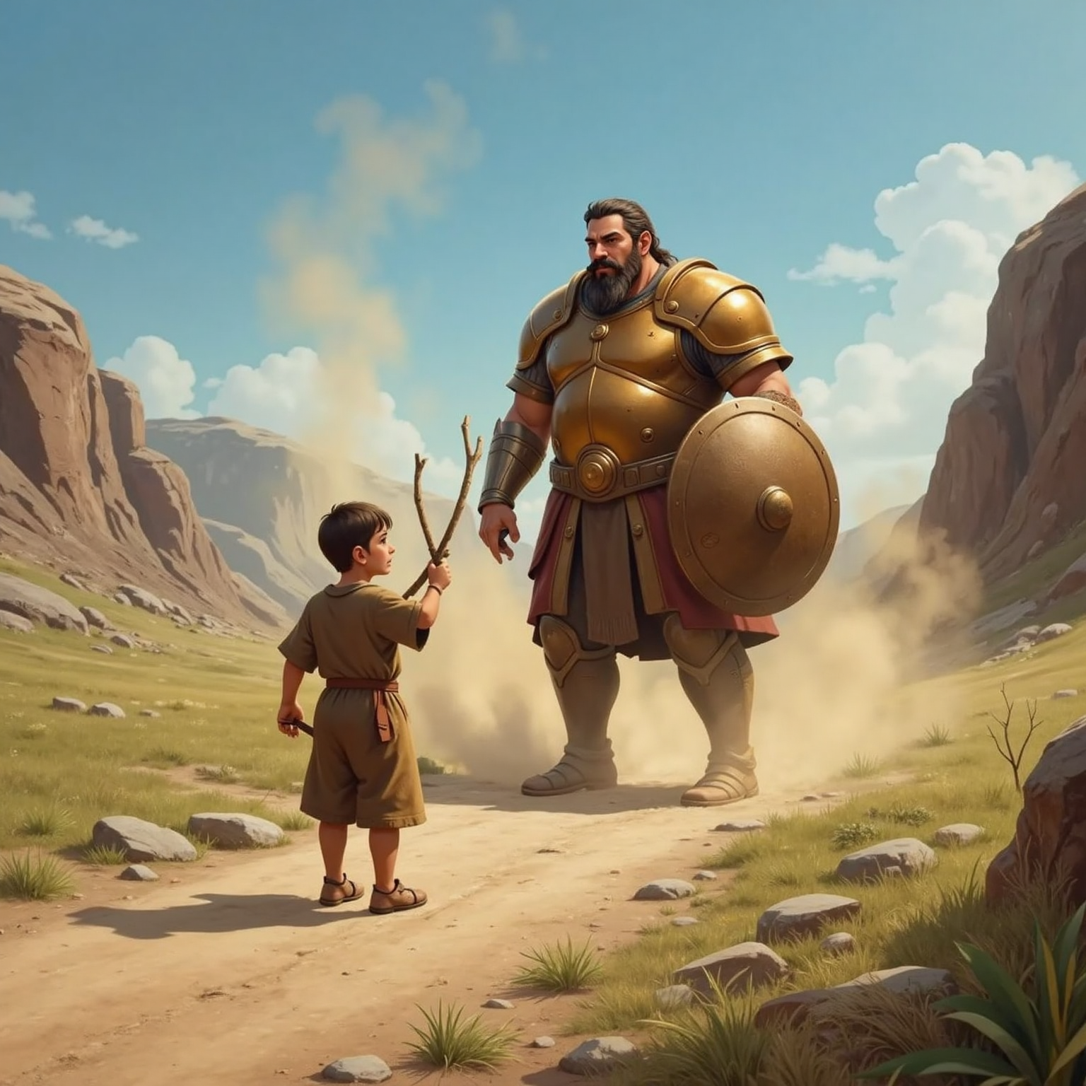 Still in the bright valley, the young shepherd boy steps forward with sling raised, shouting confidently toward the towering giant in bronze armor who grips his shield, dust swirling between them.