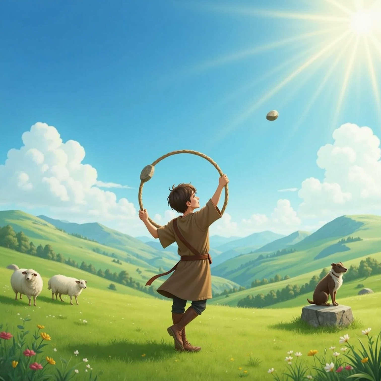 Under a vivid blue sky, the young shepherd boy plants his feet on the valley floor and whirls the sling overhead, stone blurring in the air as sunlight flashes on its arc.