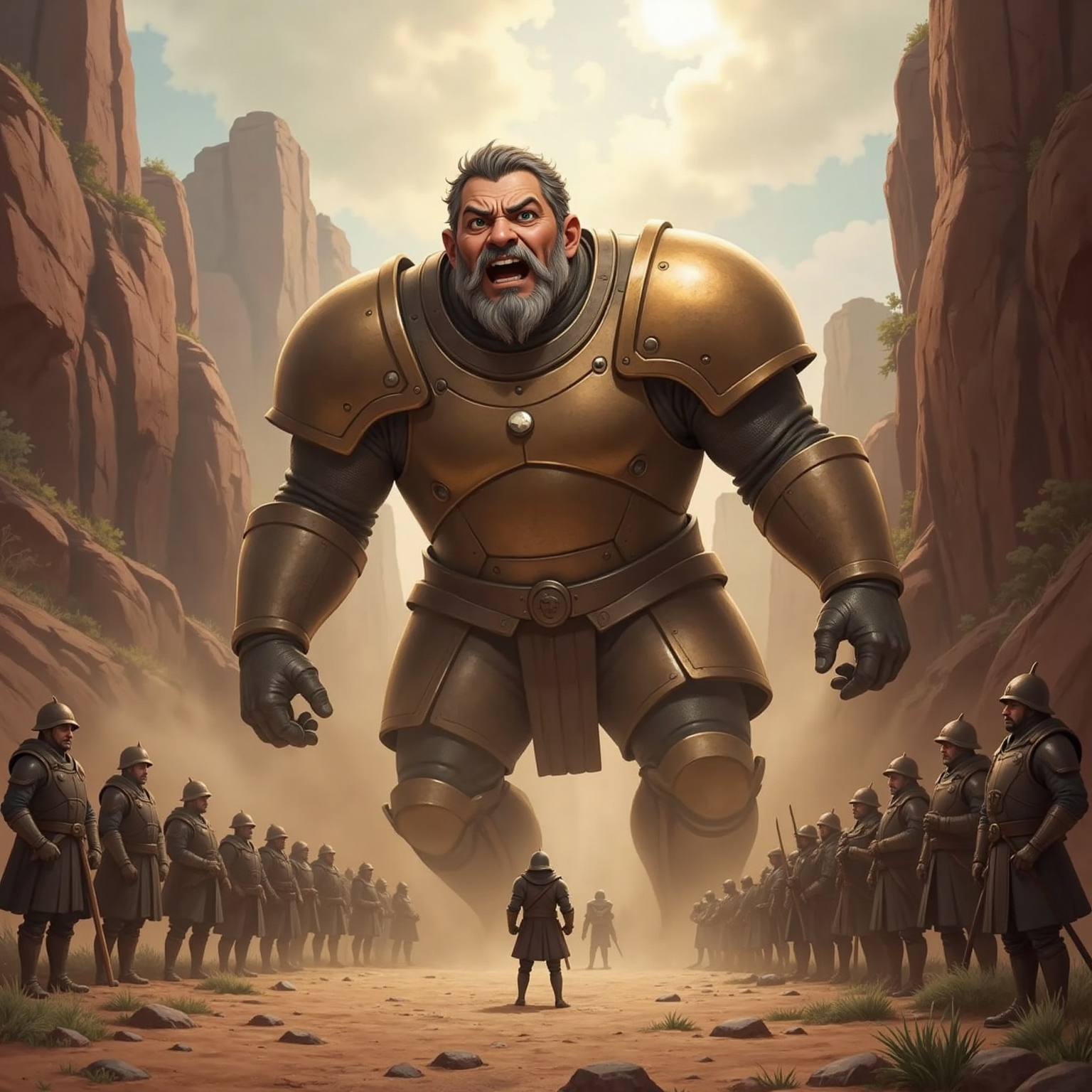 In the same valley moments later, the stone strikes the towering giant in bronze armor between the eyes as he topples backward, while frightened soldiers in metal helmets watch in astonished silence.