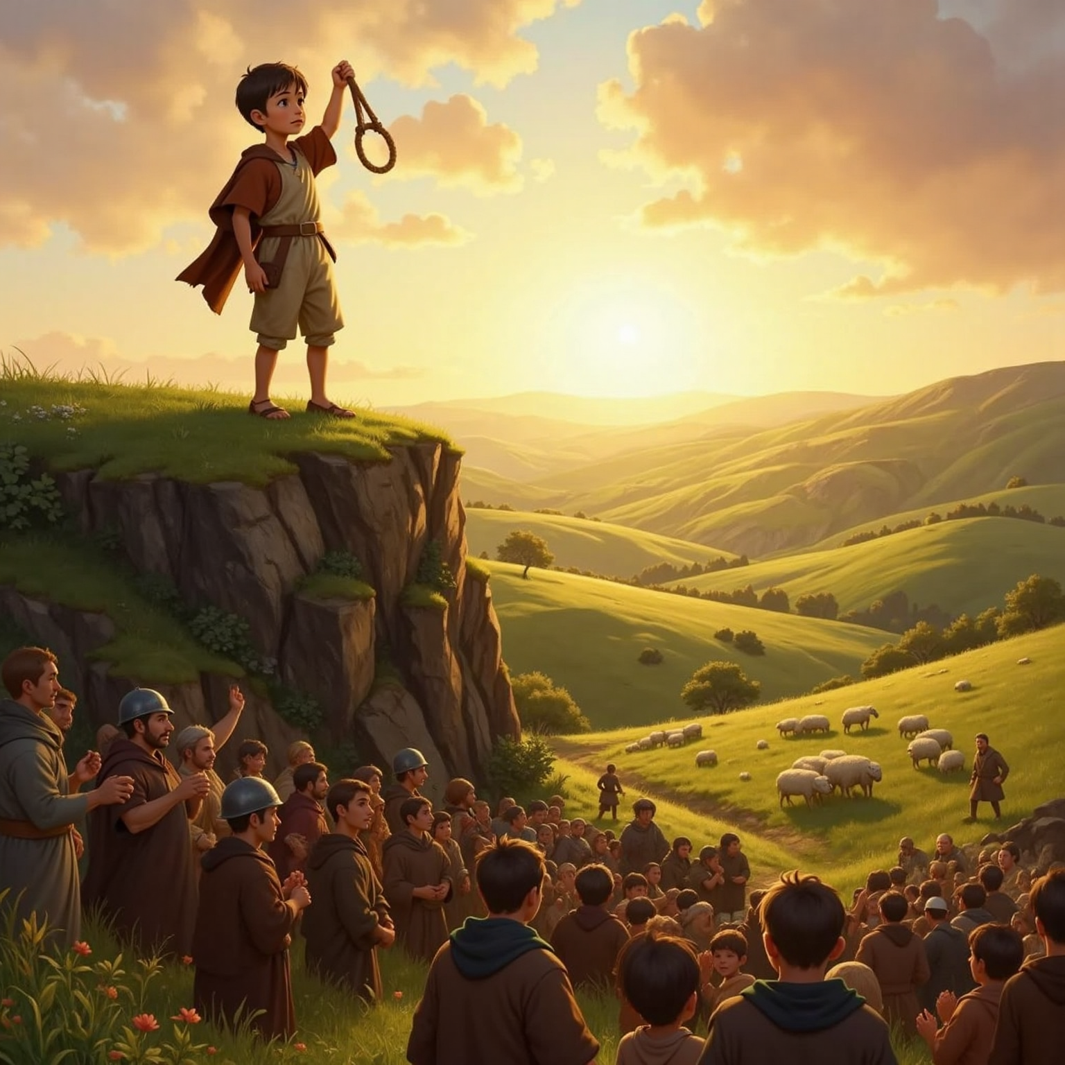 At sunset on a grassy hillside, the young shepherd boy stands atop a rock holding his sling high, golden light illuminating his face as villagers and soldiers cheer below.