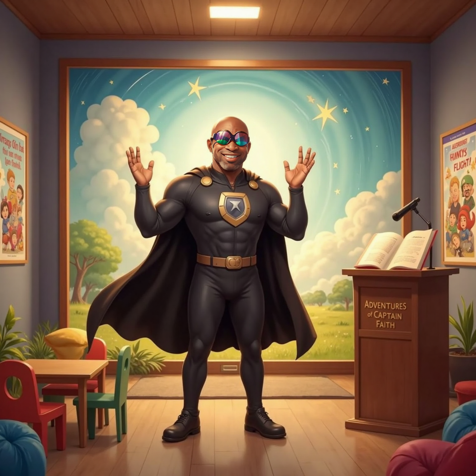 Inside a brightly lit storytelling room, Captain Faith stands center stage, smiling and waving toward unseen kids. A simple backdrop and warm overhead lights highlight his welcoming gesture.