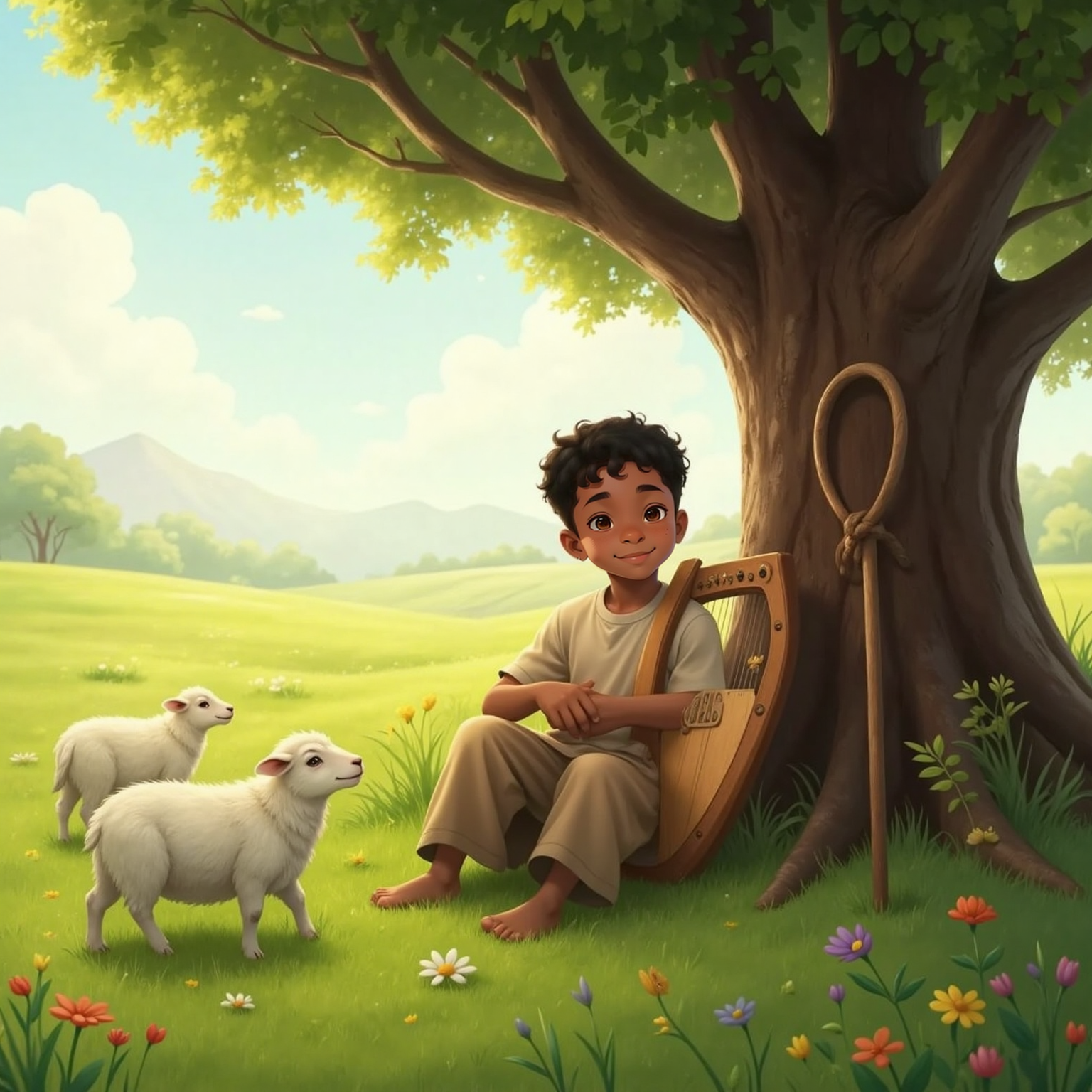 In a sunny grassy field, David strums a small harp beside grazing sheep. Morning light glows around him as he sings upward with a peaceful smile.