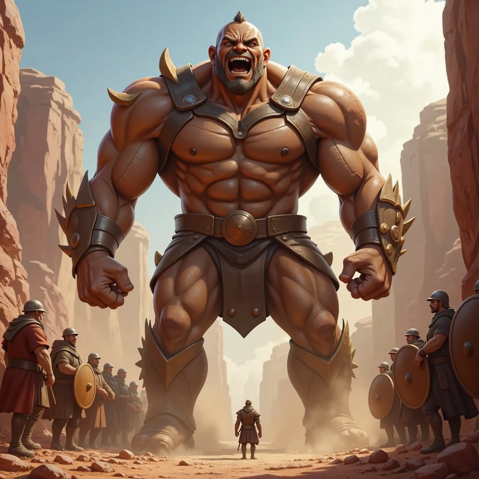On an open battlefield under harsh midday sun, Goliath towers at the valley center, roaring his challenge with clenched fists. Dust swirls around his monster-like frame while distant soldiers cower behind shields.
