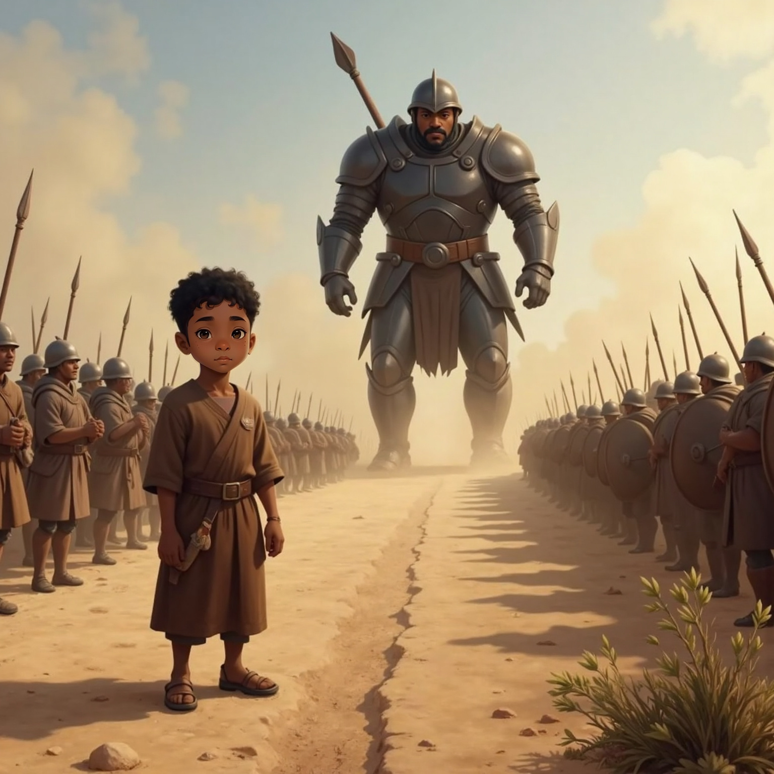 At the front lines, David stands near trembling soldiers, staring toward Goliath across the dusty field. Afternoon light casts long shadows as he asks, eyebrows raised, why everyone is afraid.