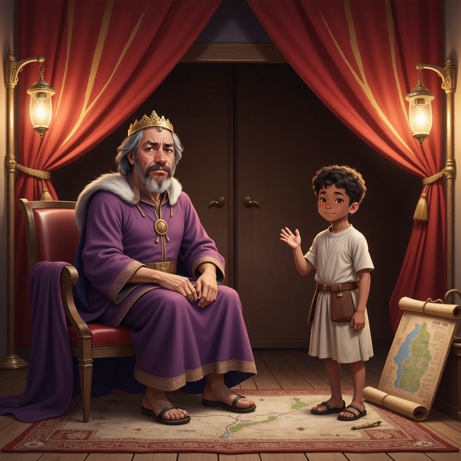 Inside the royal camp’s striped tent, David declares his resolve before the surprised King seated on a simple wooden chair. Lantern light flickers, illuminating David’s confident face and humble shepherd clothes.