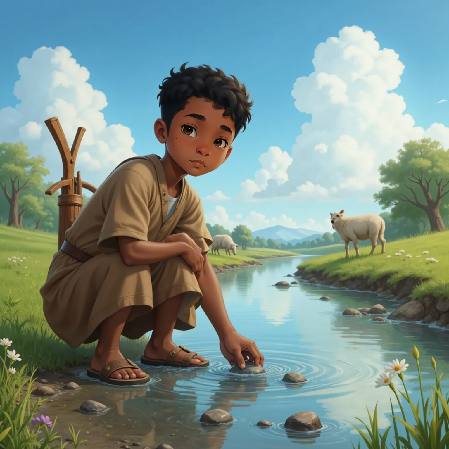 By a clear riverbank under bright noon sun, David kneels to pick five smooth stones, his slingshot hanging from his belt. 