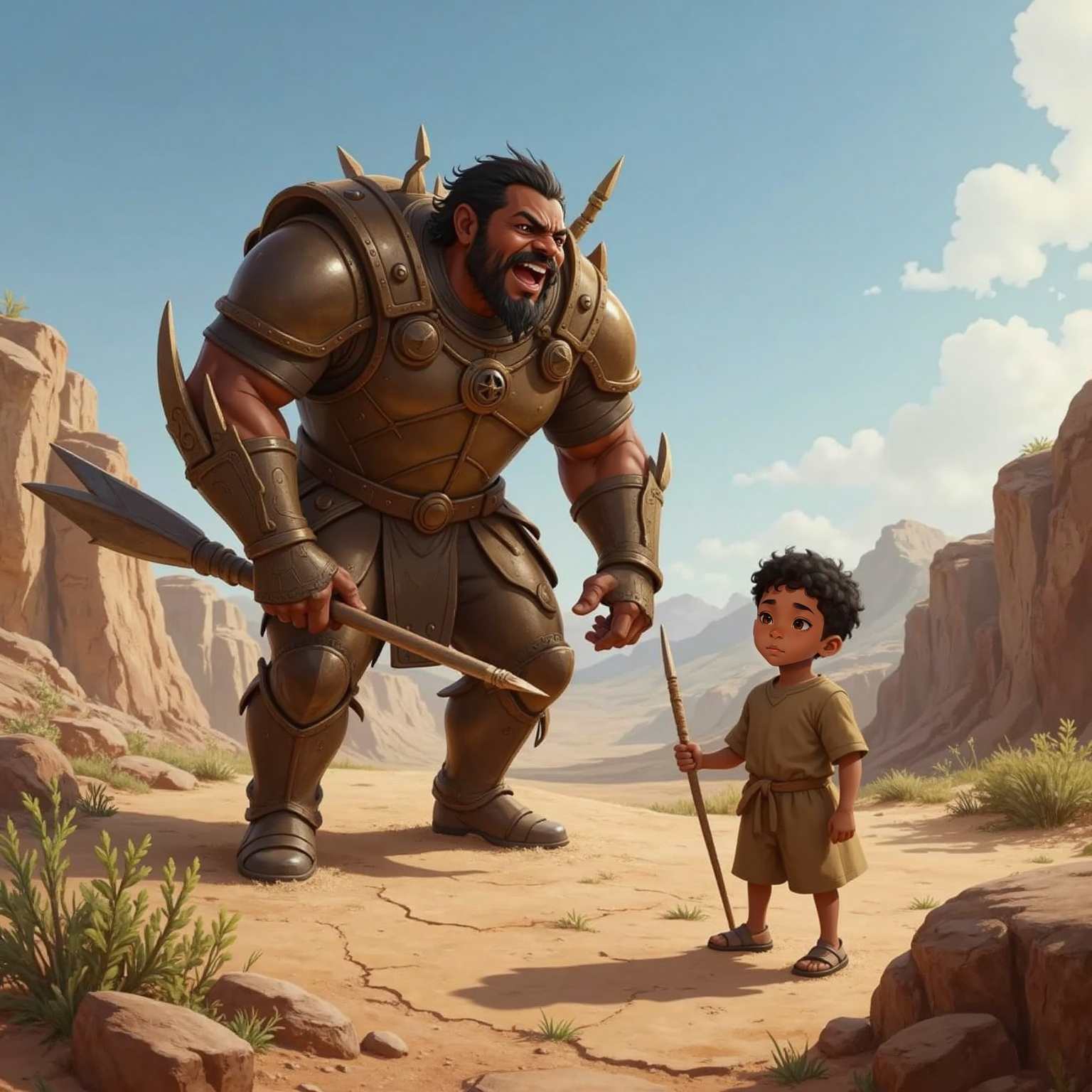In the dusty valley, Goliath leans forward laughing loudly at small David standing several paces away. Harsh sunlight accentuates Goliath’s sneer while David grips his sling without flinching.